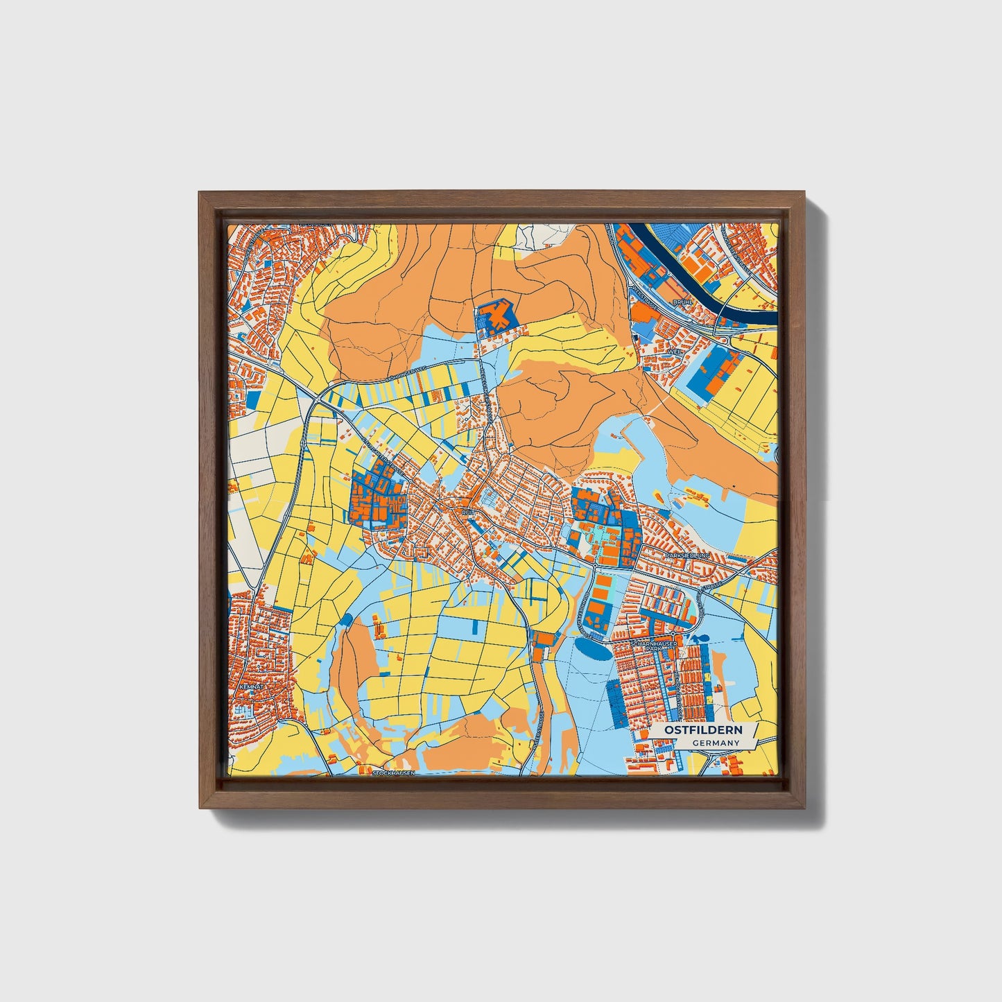 Ostfildern Germany Colorful City Map Canvas Print • Dark Wooden Framed