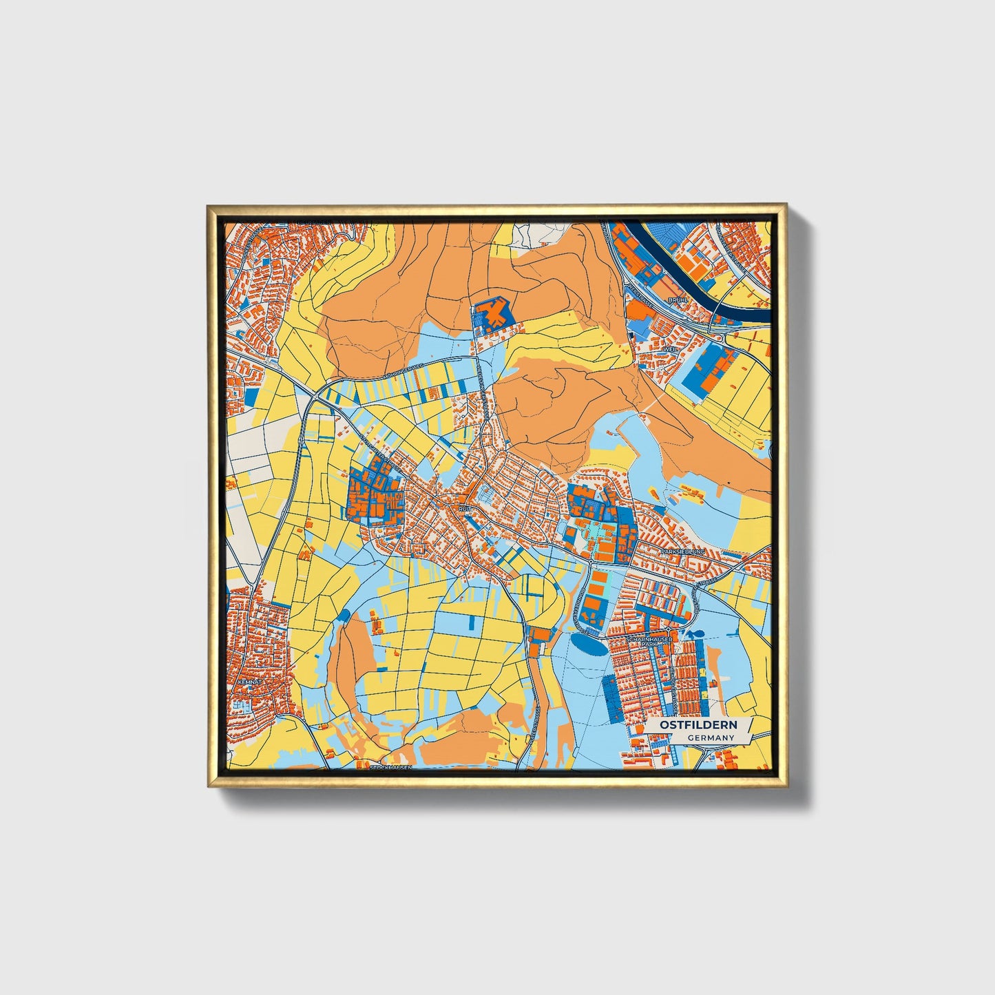 Ostfildern Germany Colorful City Map Canvas Print • Gold Framed