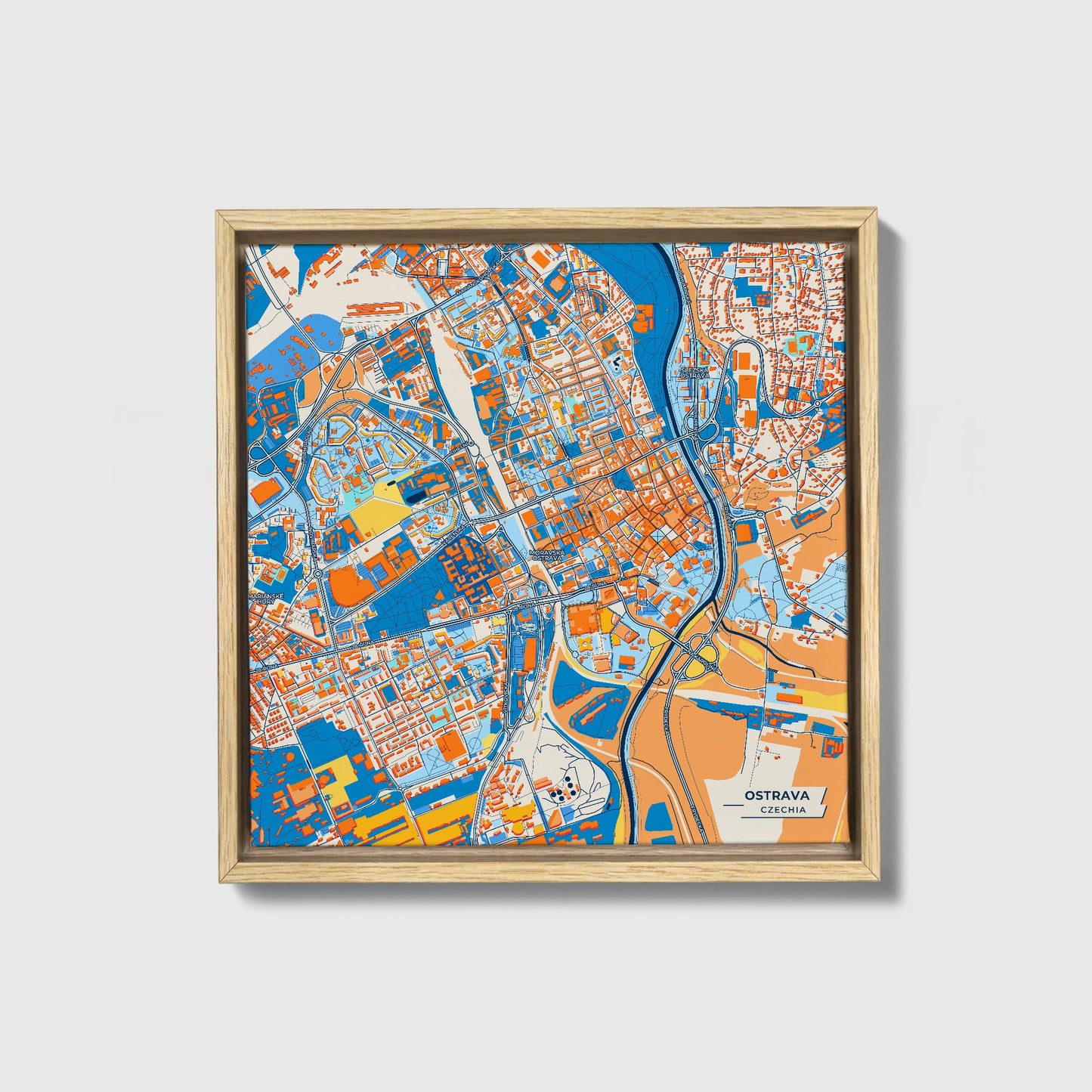 Ostrava Czechia Colorful City Map Canvas Print • Natural Wooden Framed