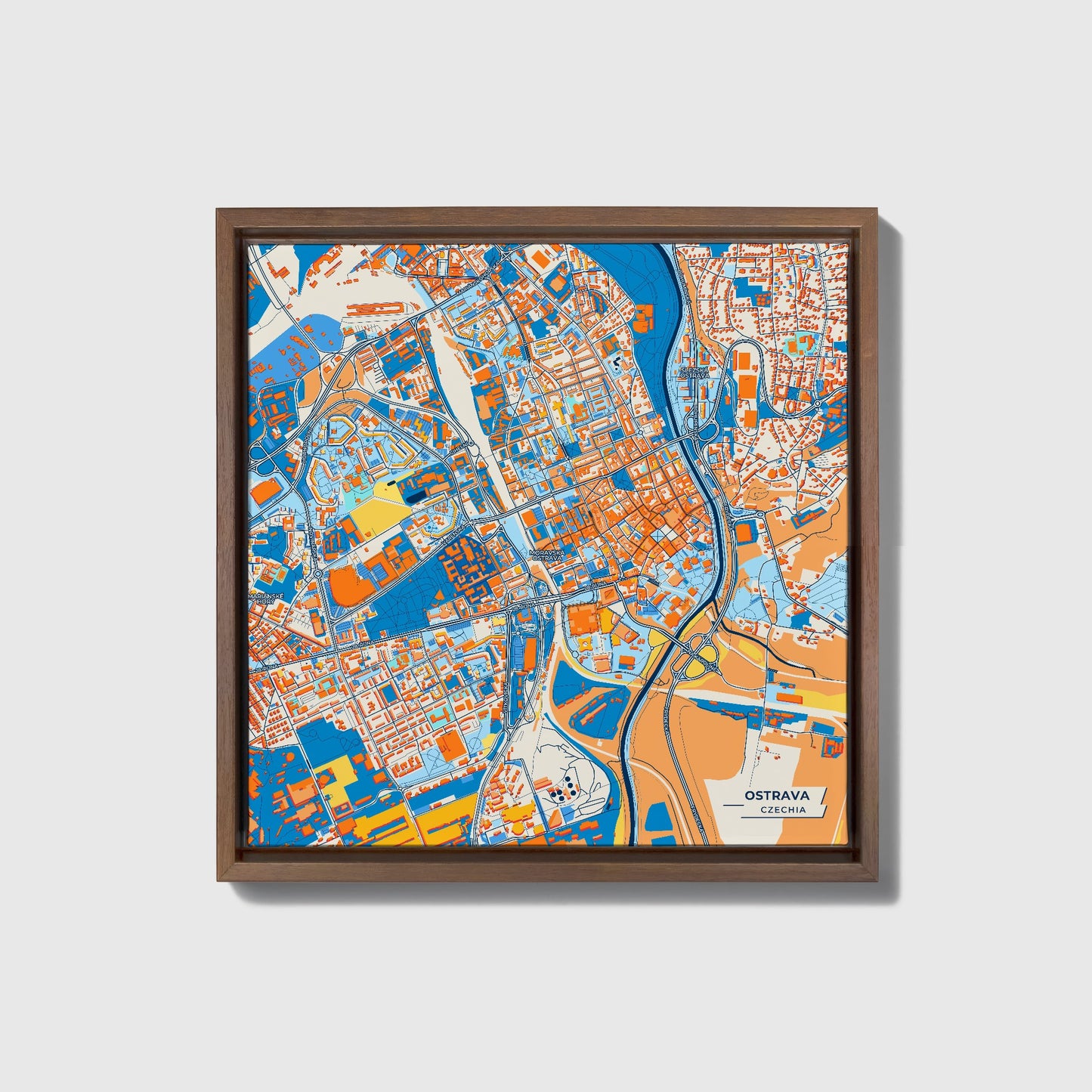 Ostrava Czechia Colorful City Map Canvas Print • Dark Wooden Framed