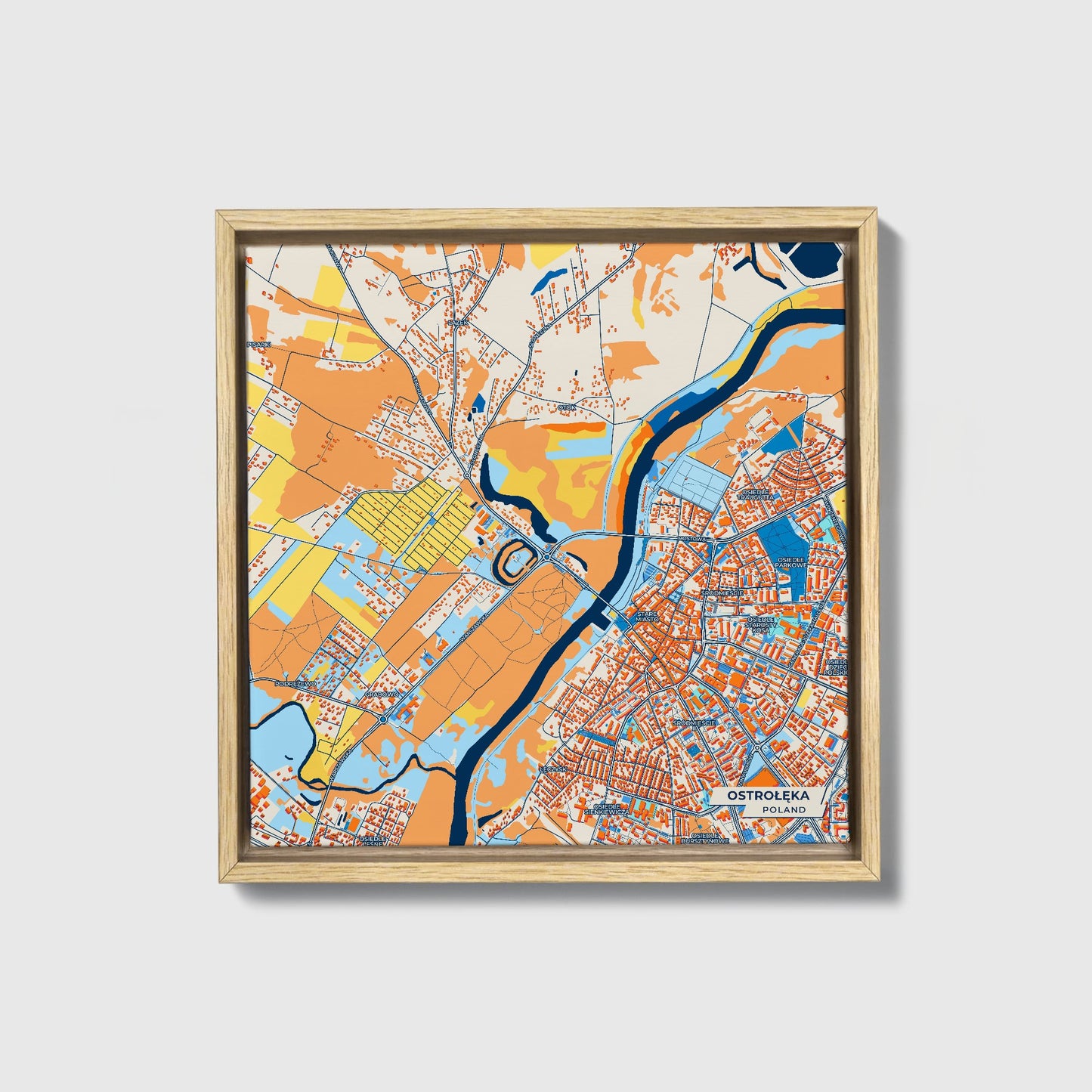 Ostrołęka Poland Colorful City Map Canvas Print • Natural Wooden Framed