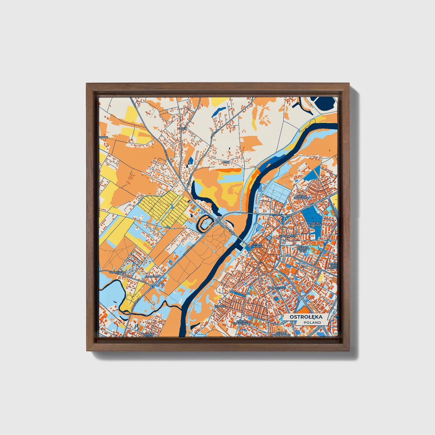 Ostrołęka Poland Colorful City Map Canvas Print • Dark Wooden Framed