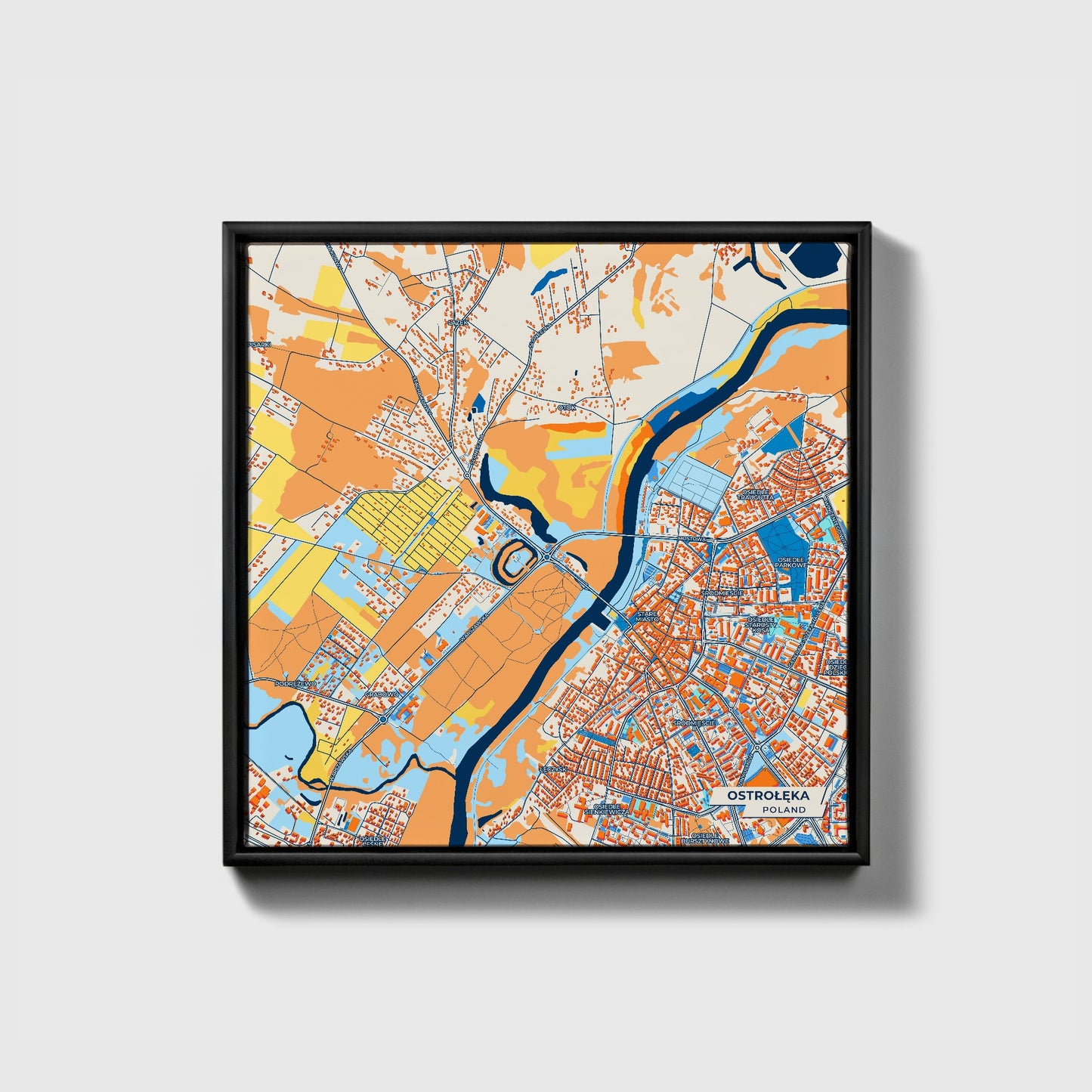 Ostrołęka Poland Colorful City Map Canvas Print • Black Framed