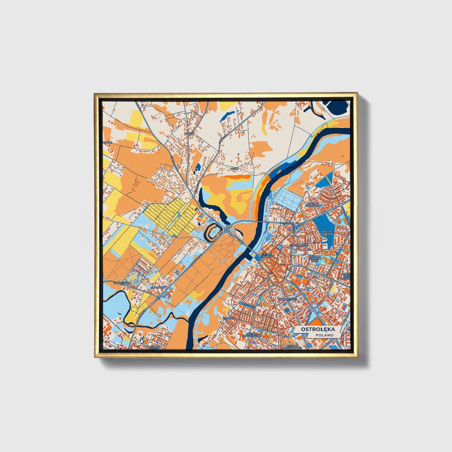 Ostrołęka Poland Colorful City Map Canvas Print • Gold Framed