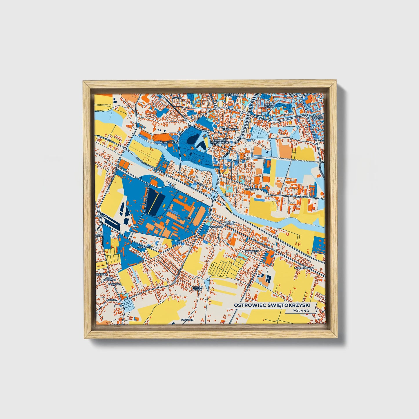 Ostrowiec Świętokrzyski Poland Colorful City Map Canvas Print • Natural Wooden Framed