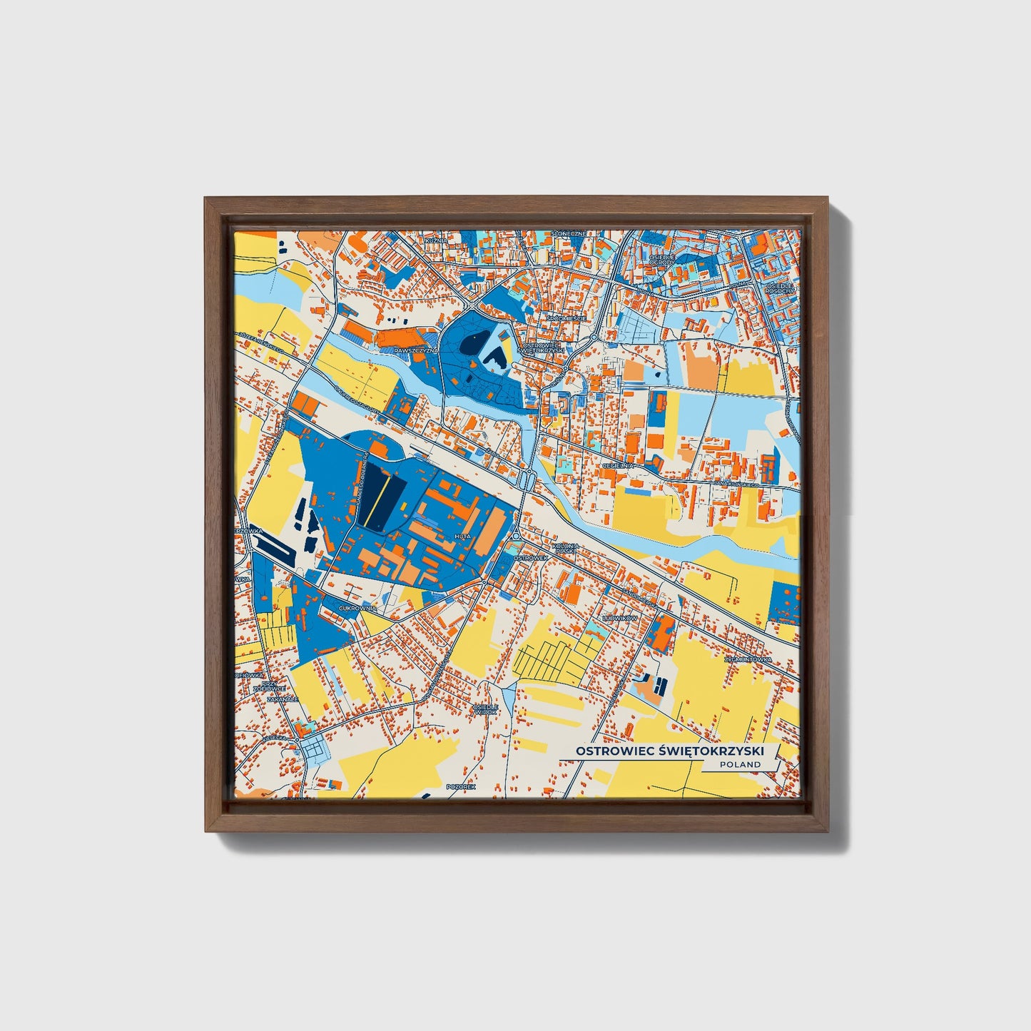Ostrowiec Świętokrzyski Poland Colorful City Map Canvas Print • Dark Wooden Framed