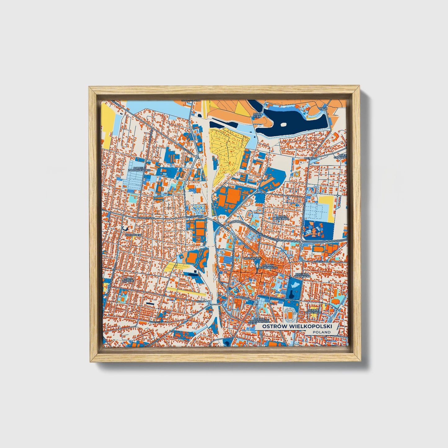 Ostrów Wielkopolski Poland Colorful City Map Canvas Print • Natural Wooden Framed