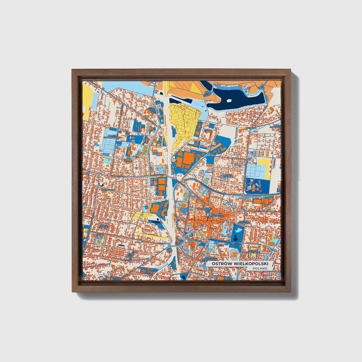 Ostrów Wielkopolski Poland Colorful City Map Canvas Print • Dark Wooden Framed
