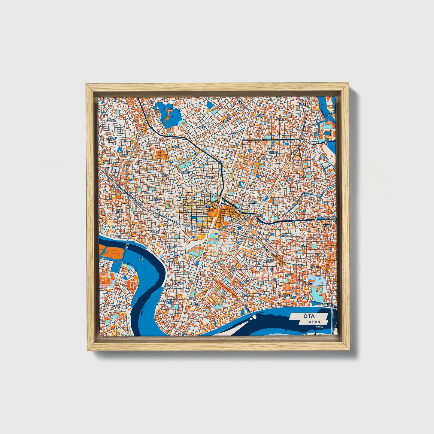 Ōta Japan Colorful City Map Canvas Print • Natural Wooden Framed