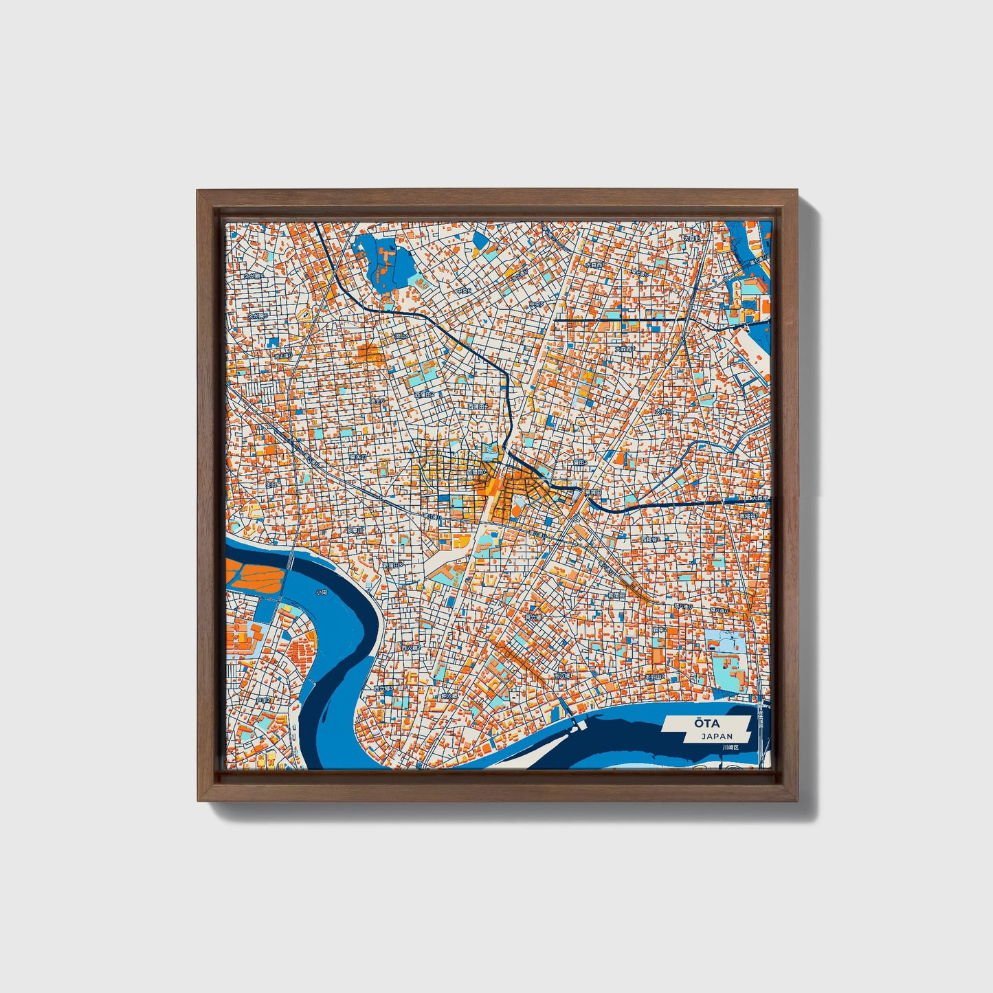 Ōta Japan Colorful City Map Canvas Print • Dark Wooden Framed