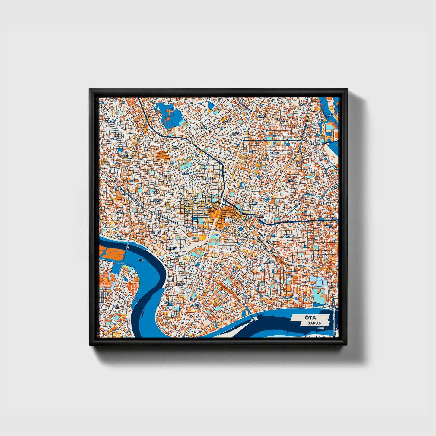 Ōta Japan Colorful City Map Canvas Print • Black Framed
