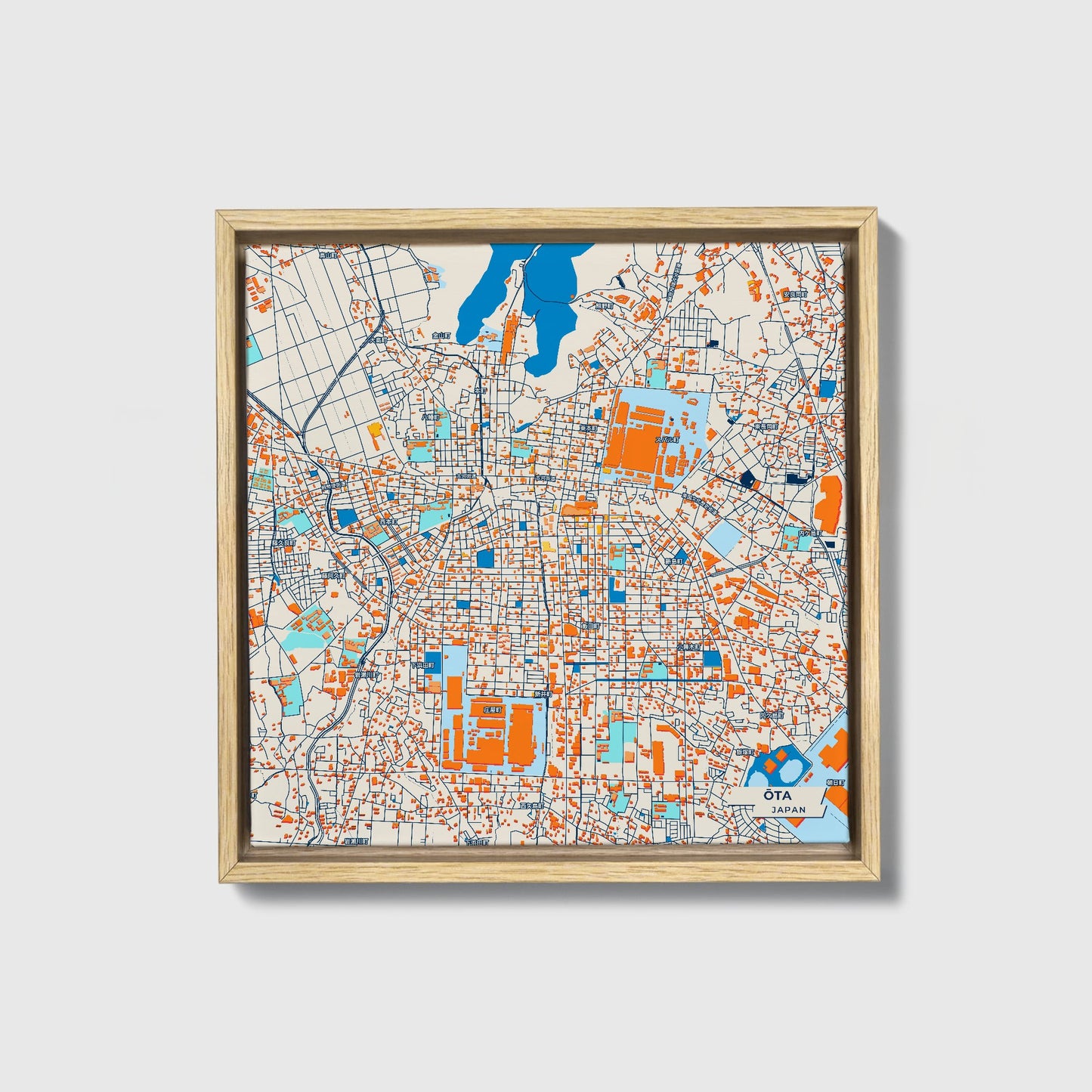 Ōta Japan Colorful City Map Canvas Print • Natural Wooden Framed