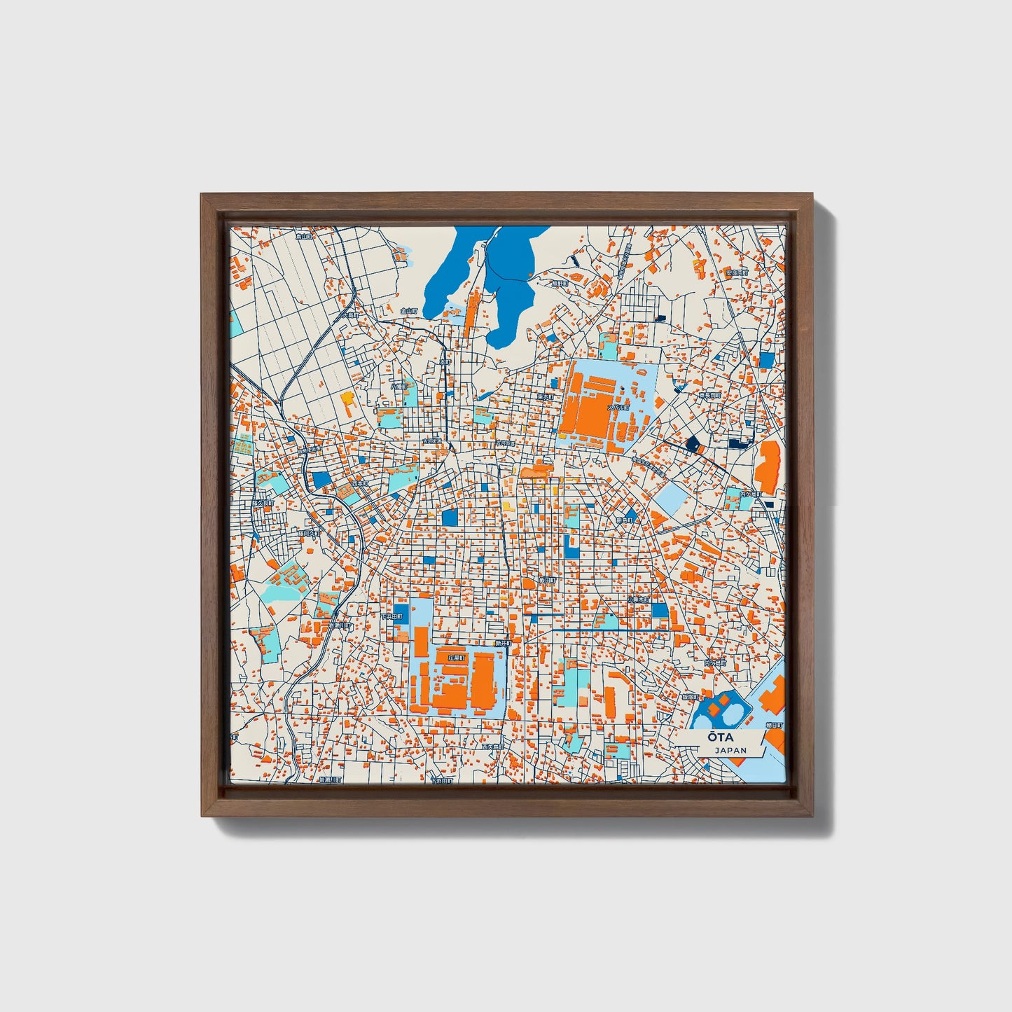 Ōta Japan Colorful City Map Canvas Print • Dark Wooden Framed