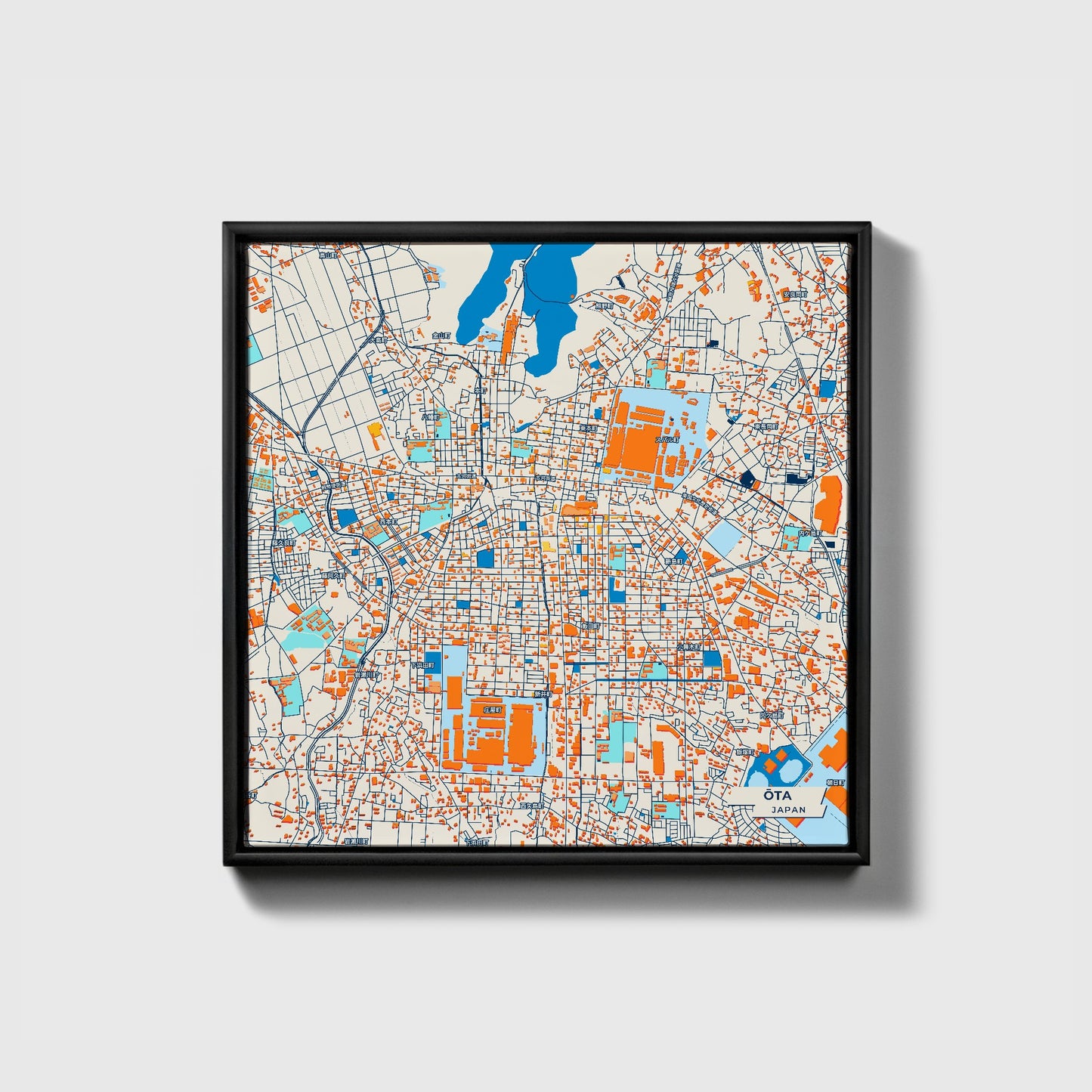 Ōta Japan Colorful City Map Canvas Print • Black Framed