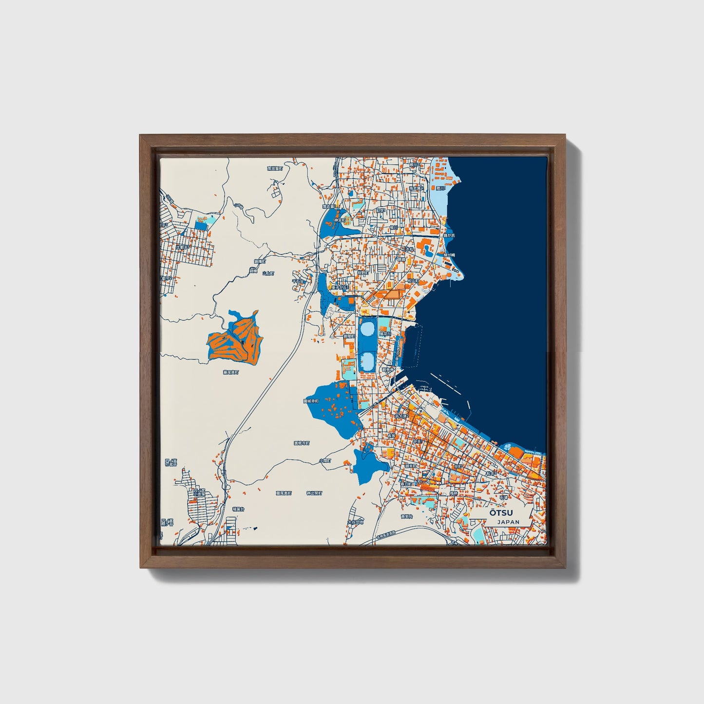 Ōtsu Japan Colorful City Map Canvas Print • Dark Wooden Framed