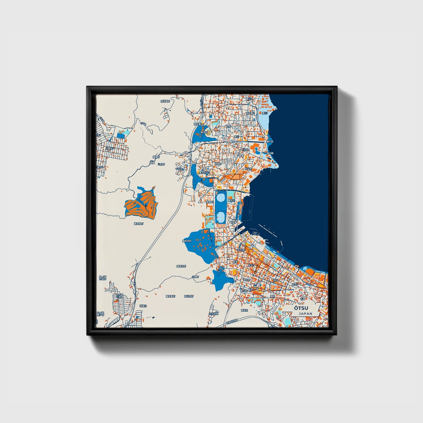 Ōtsu Japan Colorful City Map Canvas Print • Black Framed