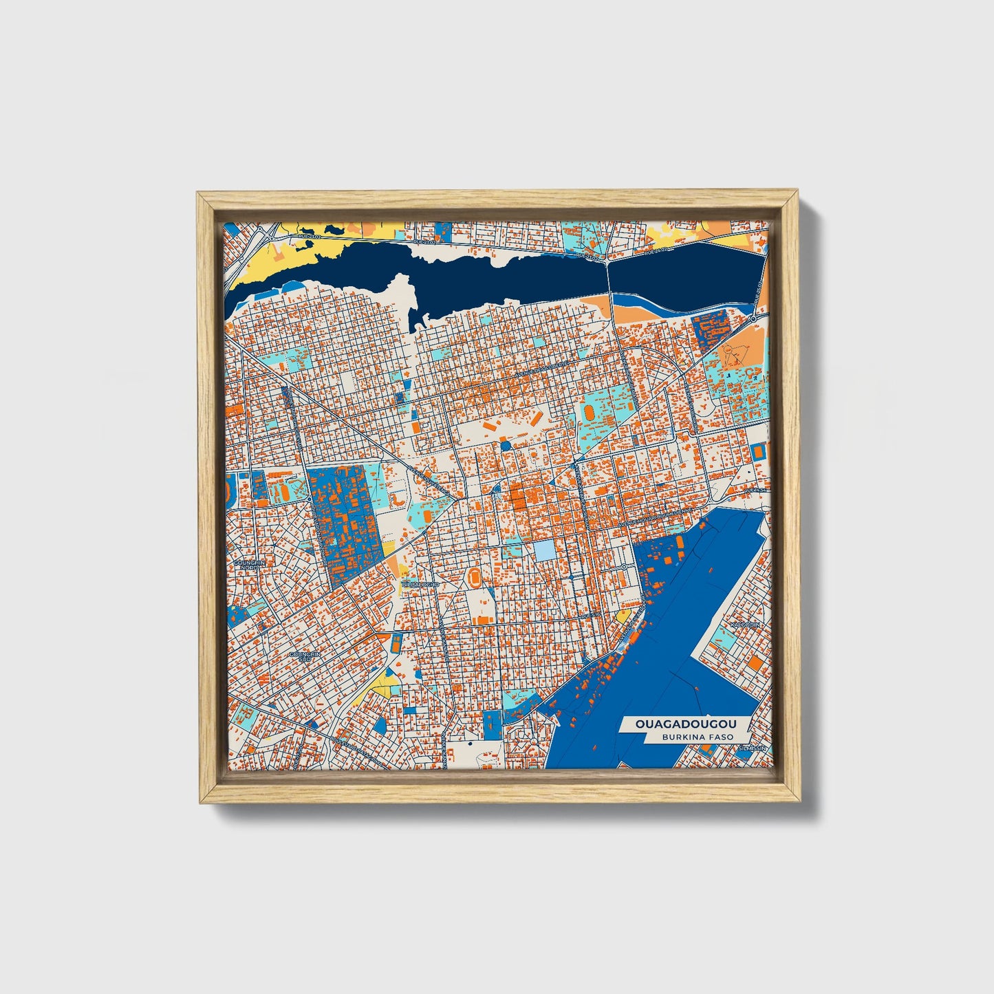 Ouagadougou Burkina Faso Colorful City Map Canvas Print • Natural Wooden Framed
