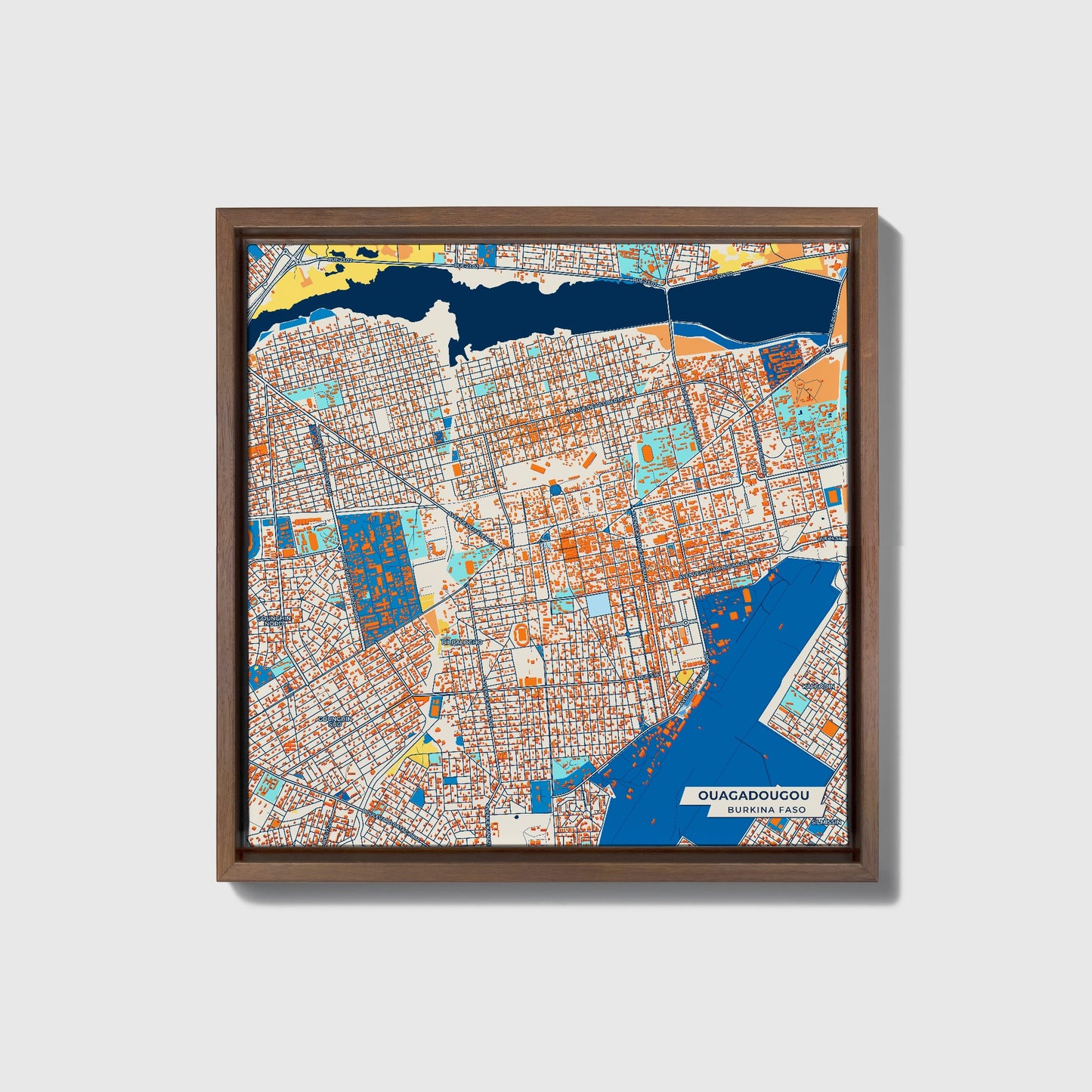 Ouagadougou Burkina Faso Colorful City Map Canvas Print • Dark Wooden Framed
