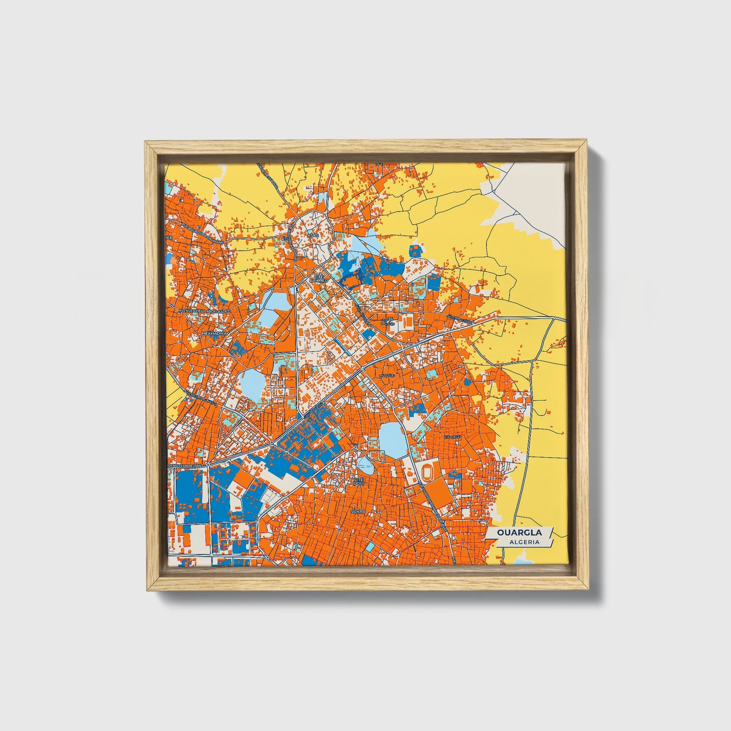 Ouargla Algeria Colorful City Map Canvas Print • Natural Wooden Framed