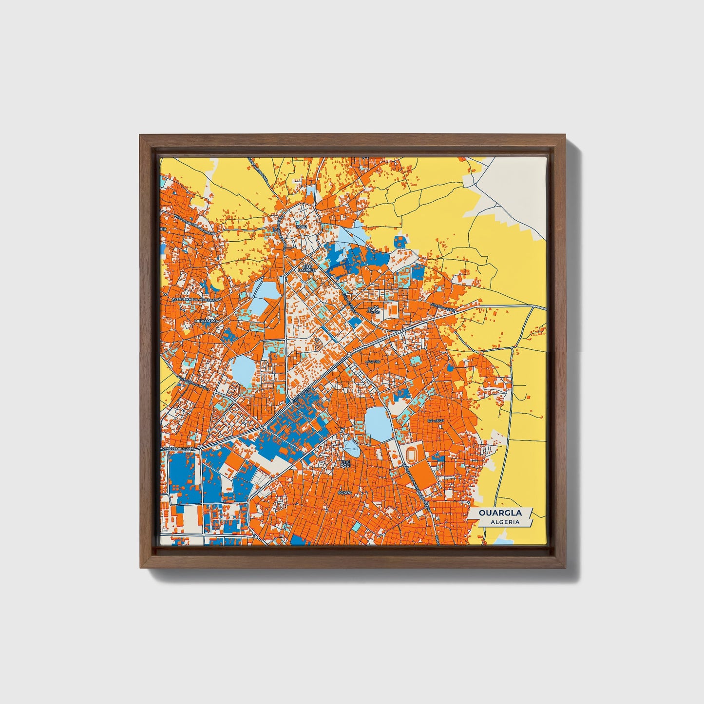 Ouargla Algeria Colorful City Map Canvas Print • Dark Wooden Framed