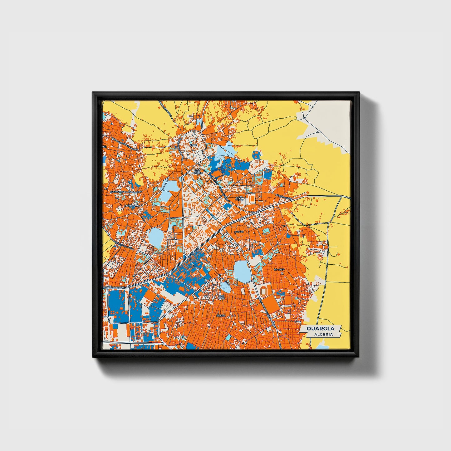 Ouargla Algeria Colorful City Map Canvas Print • Black Framed
