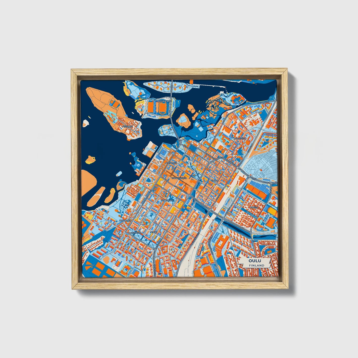 Oulu Finland Colorful City Map Canvas Print • Natural Wooden Framed