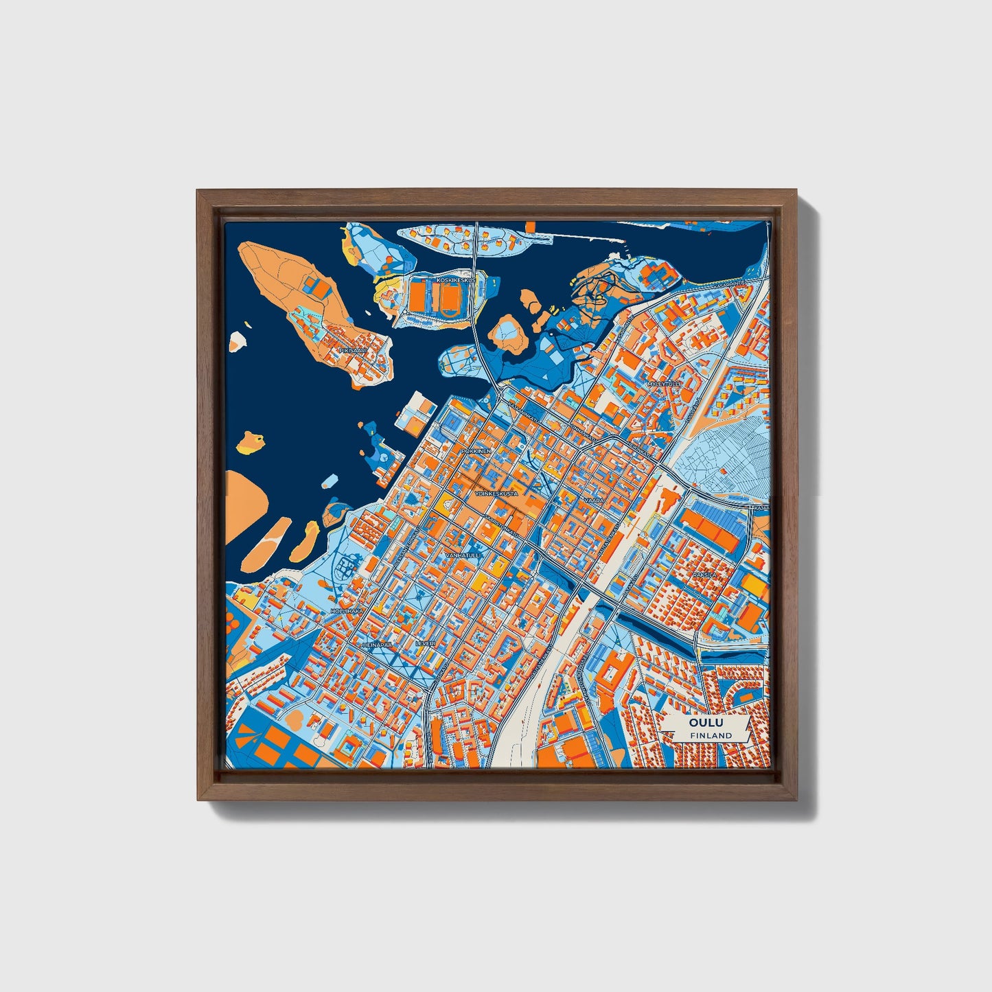 Oulu Finland Colorful City Map Canvas Print • Dark Wooden Framed