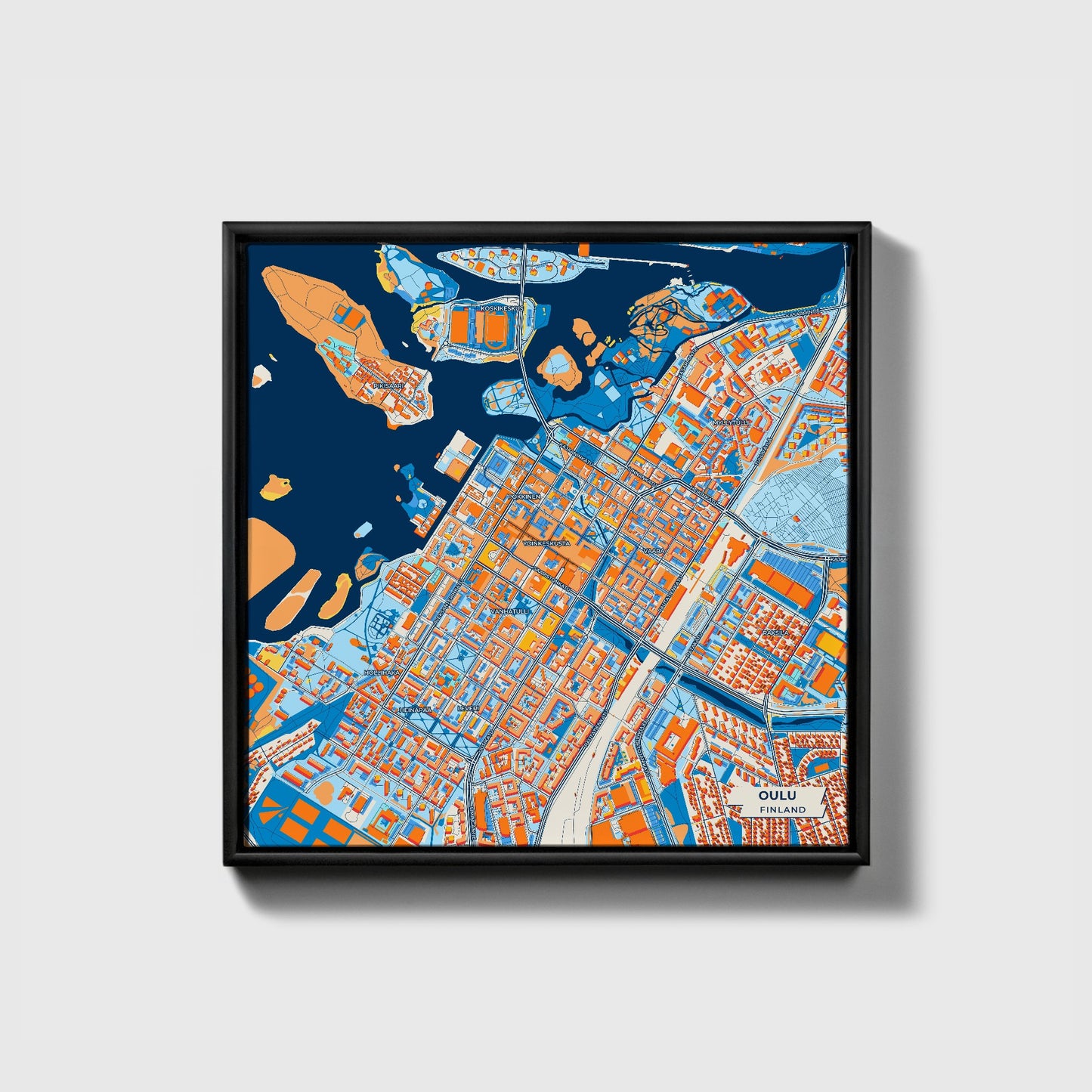 Oulu Finland Colorful City Map Canvas Print • Black Framed