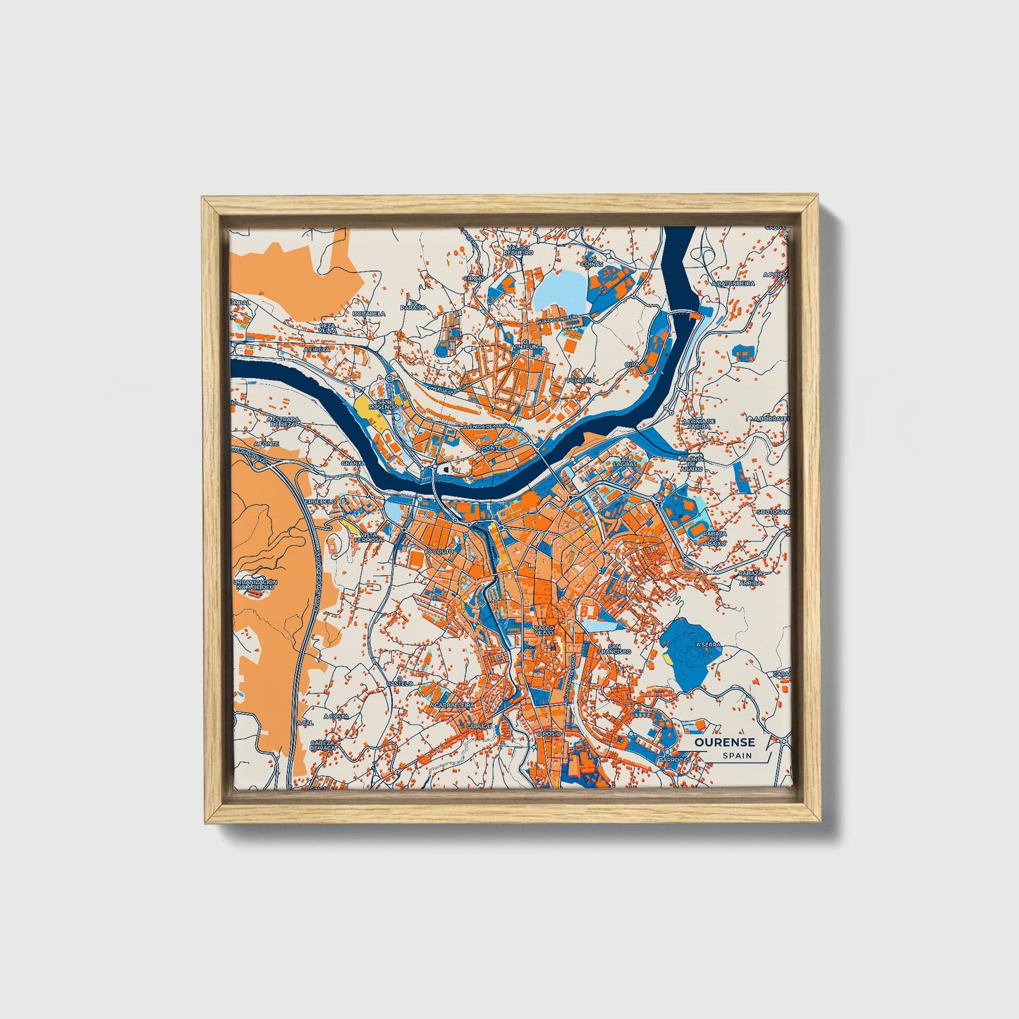 Ourense Spain Colorful City Map Canvas Print • Natural Wooden Framed