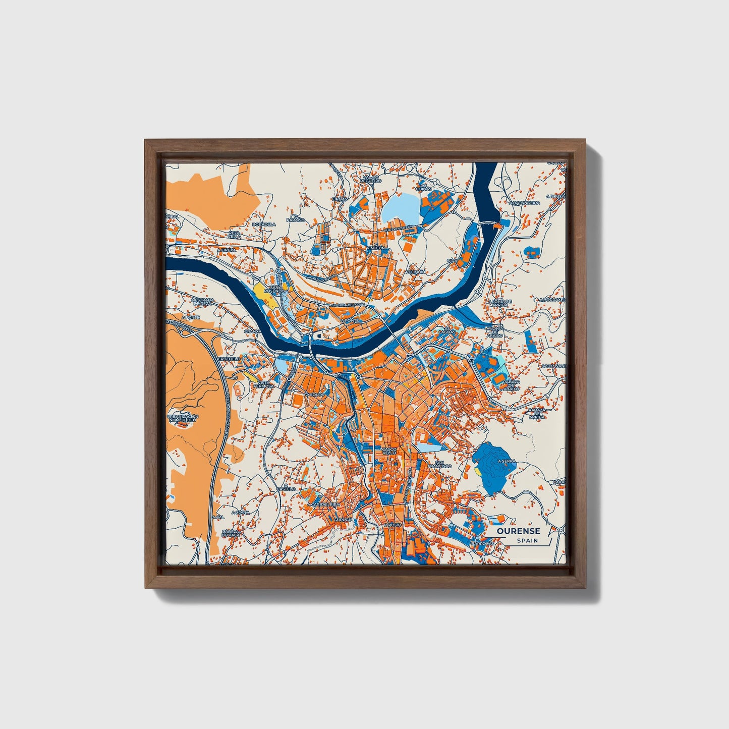 Ourense Spain Colorful City Map Canvas Print • Dark Wooden Framed