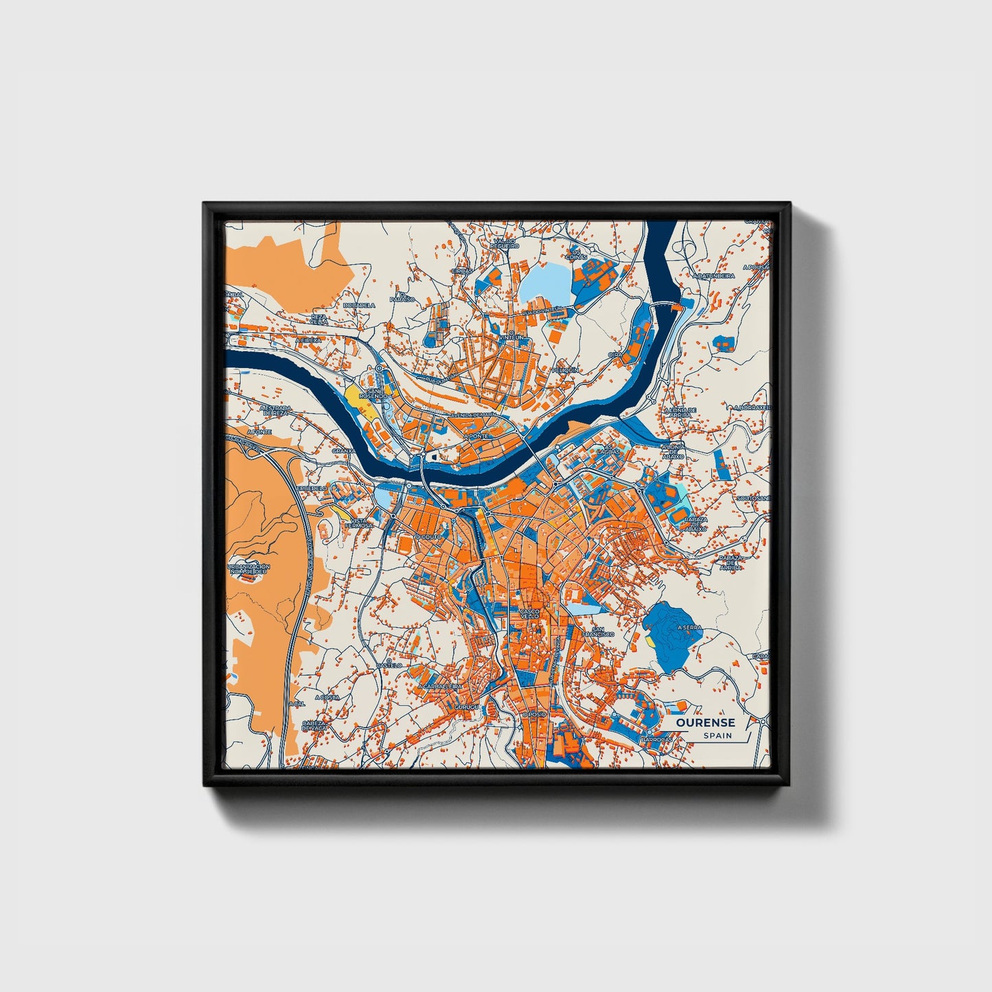 Ourense Spain Colorful City Map Canvas Print • Black Framed
