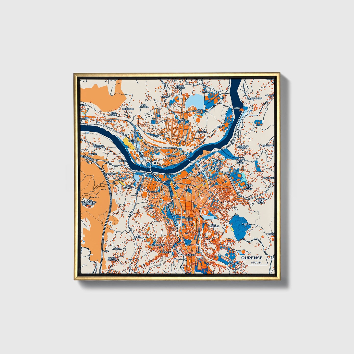 Ourense Spain Colorful City Map Canvas Print • Gold Framed