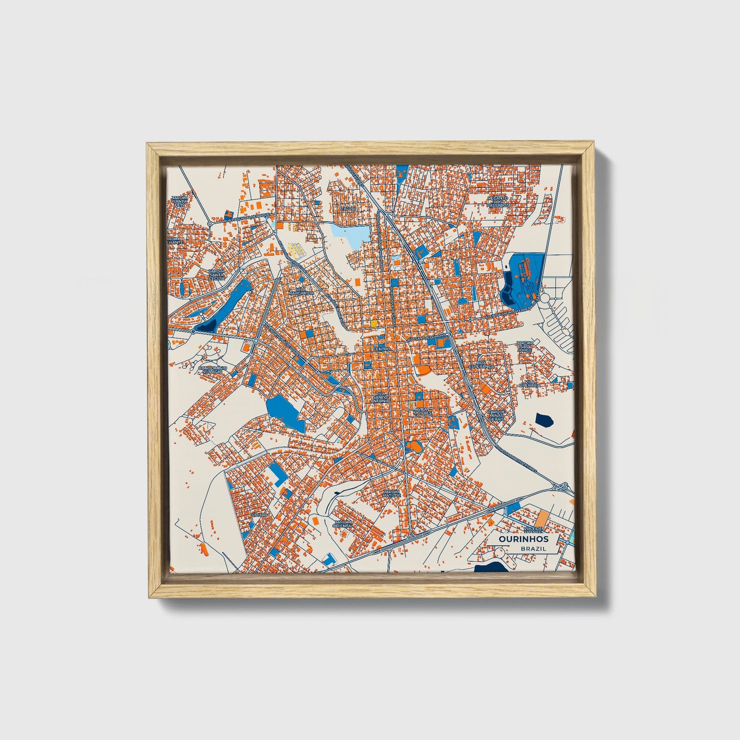 Ourinhos Brazil Colorful City Map Canvas Print • Natural Wooden Framed