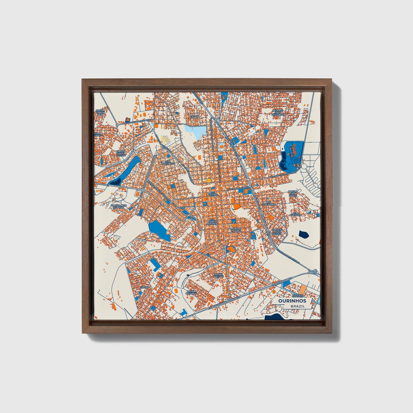 Ourinhos Brazil Colorful City Map Canvas Print • Dark Wooden Framed