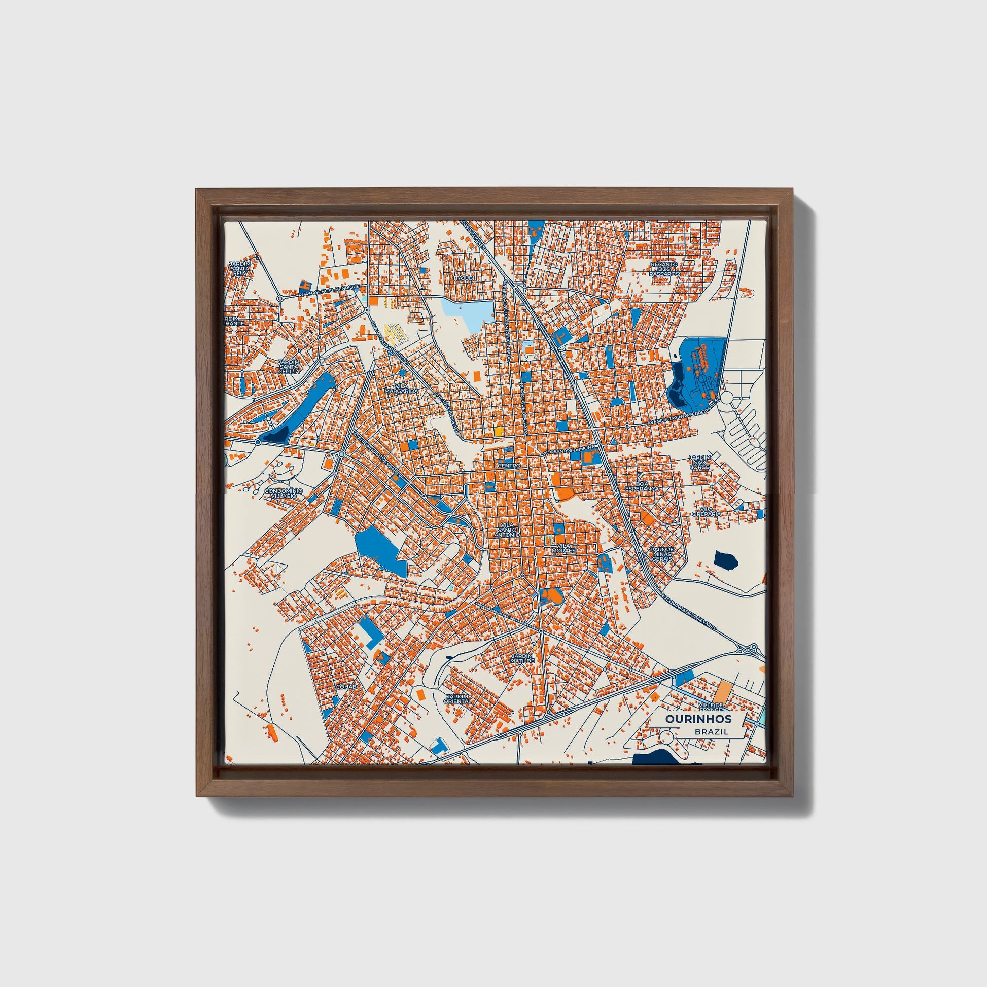 Ourinhos Brazil Colorful City Map Canvas Print • Dark Wooden Framed