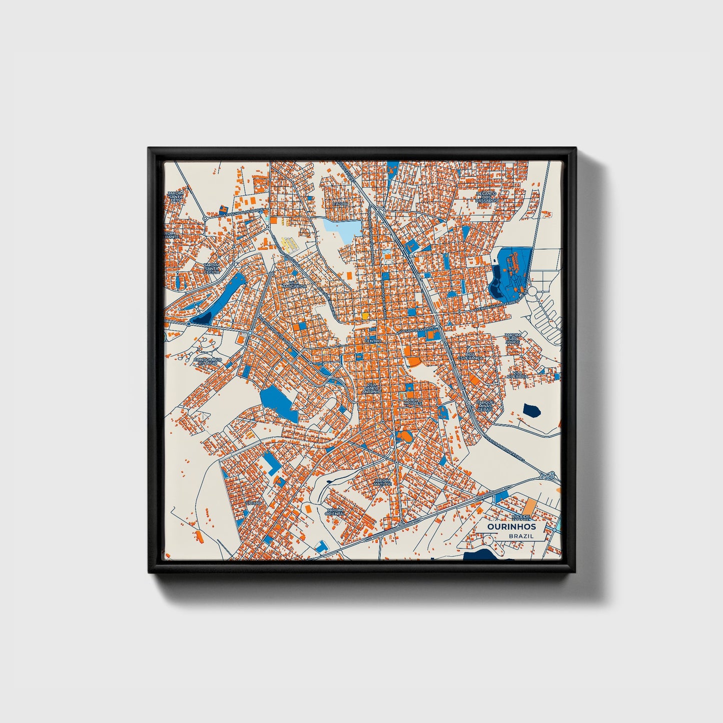 Ourinhos Brazil Colorful City Map Canvas Print • Black Framed