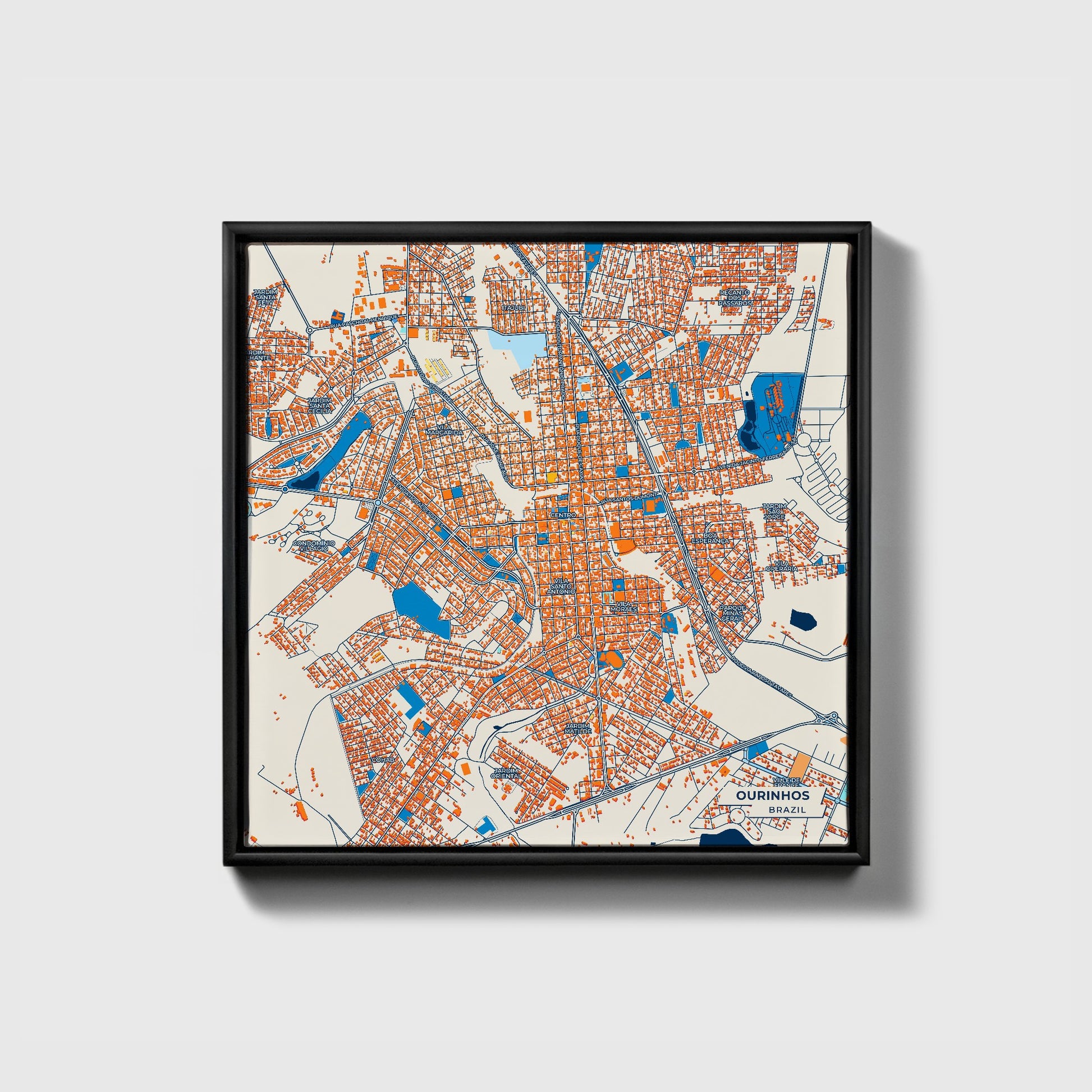 Ourinhos Brazil Colorful City Map Canvas Print • Black Framed