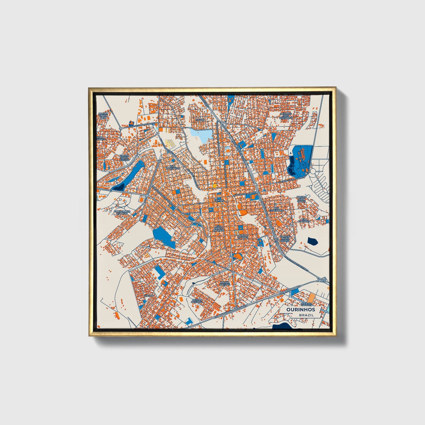 Ourinhos Brazil Colorful City Map Canvas Print • Gold Framed