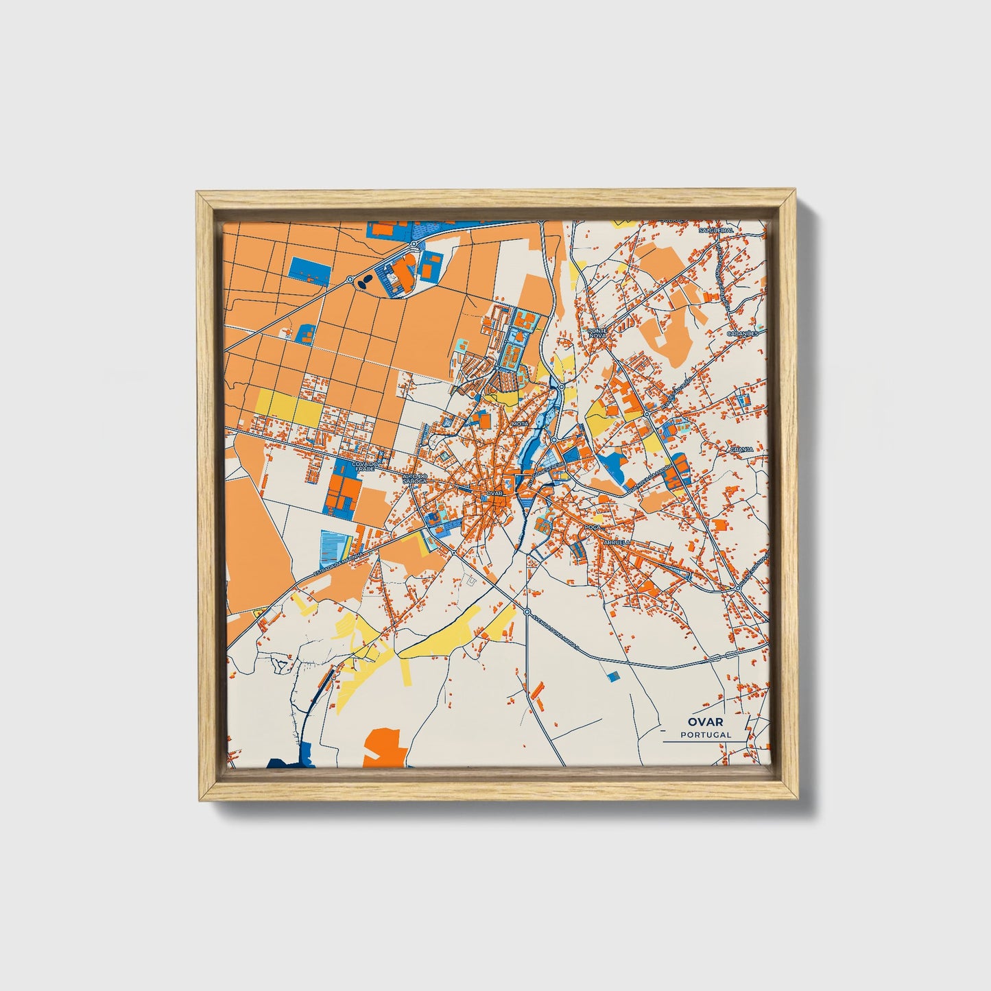 Ovar Portugal Colorful City Map Canvas Print • Natural Wooden Framed