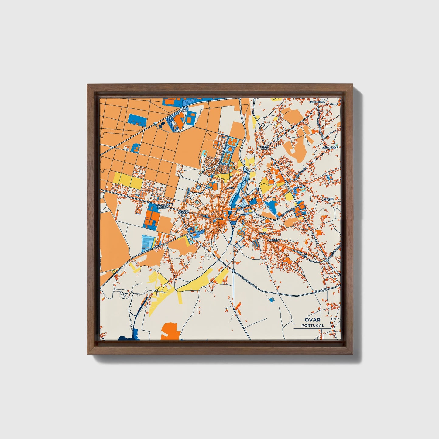 Ovar Portugal Colorful City Map Canvas Print • Dark Wooden Framed