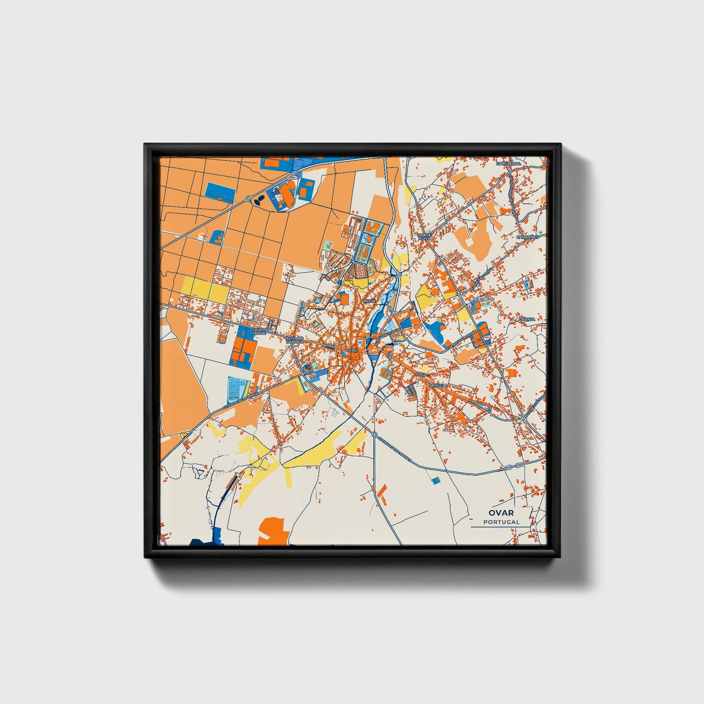 Ovar Portugal Colorful City Map Canvas Print • Black Framed