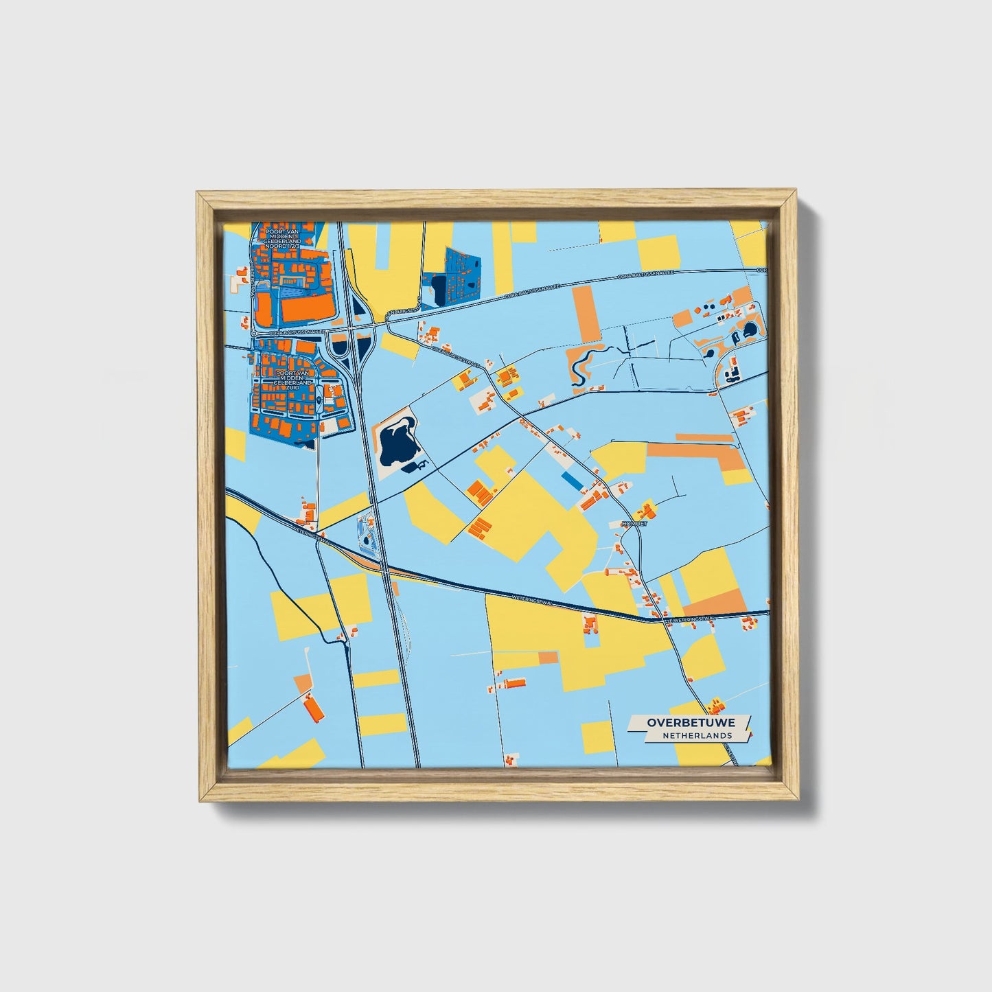 Overbetuwe Netherlands Colorful City Map Canvas Print • Natural Wooden Framed