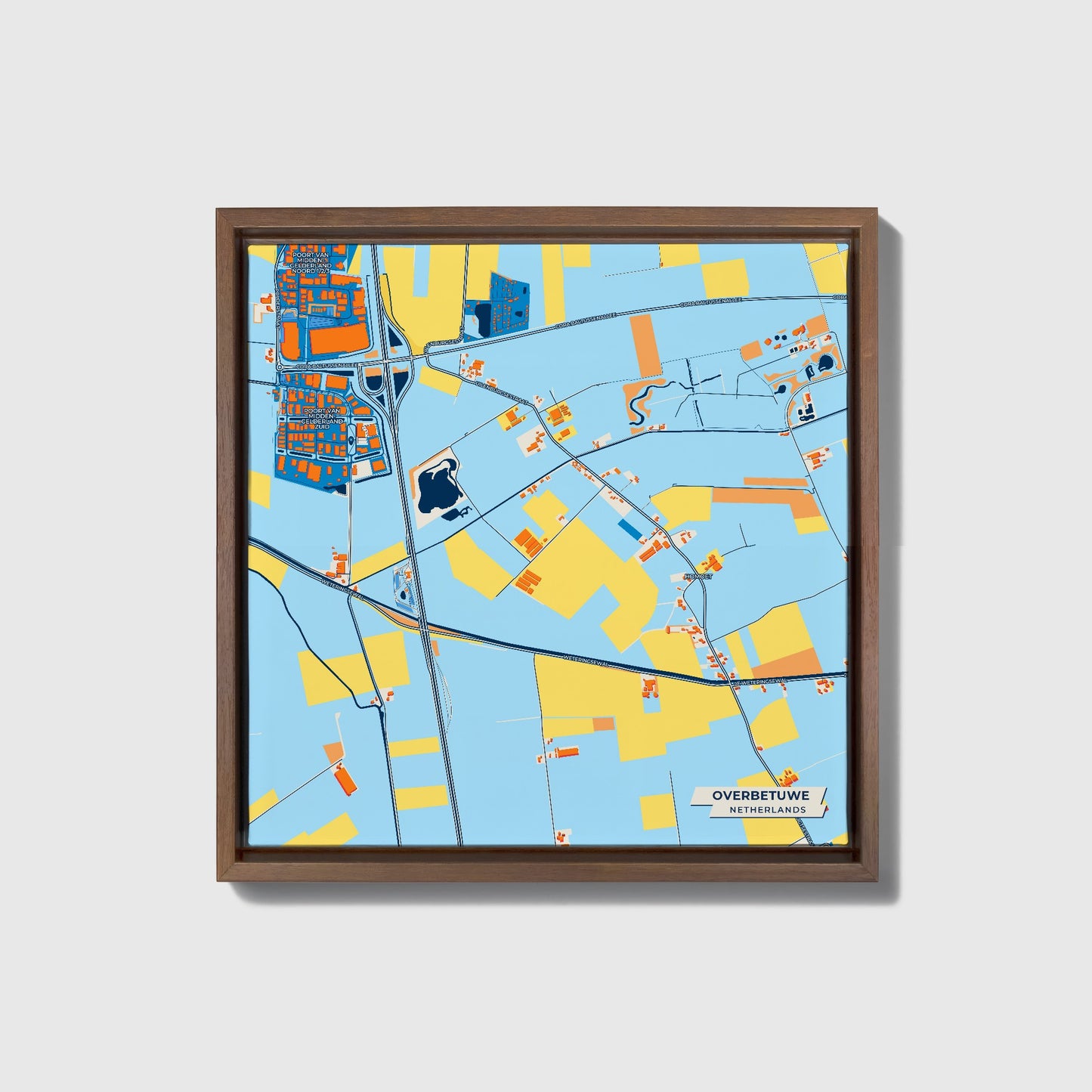 Overbetuwe Netherlands Colorful City Map Canvas Print • Dark Wooden Framed