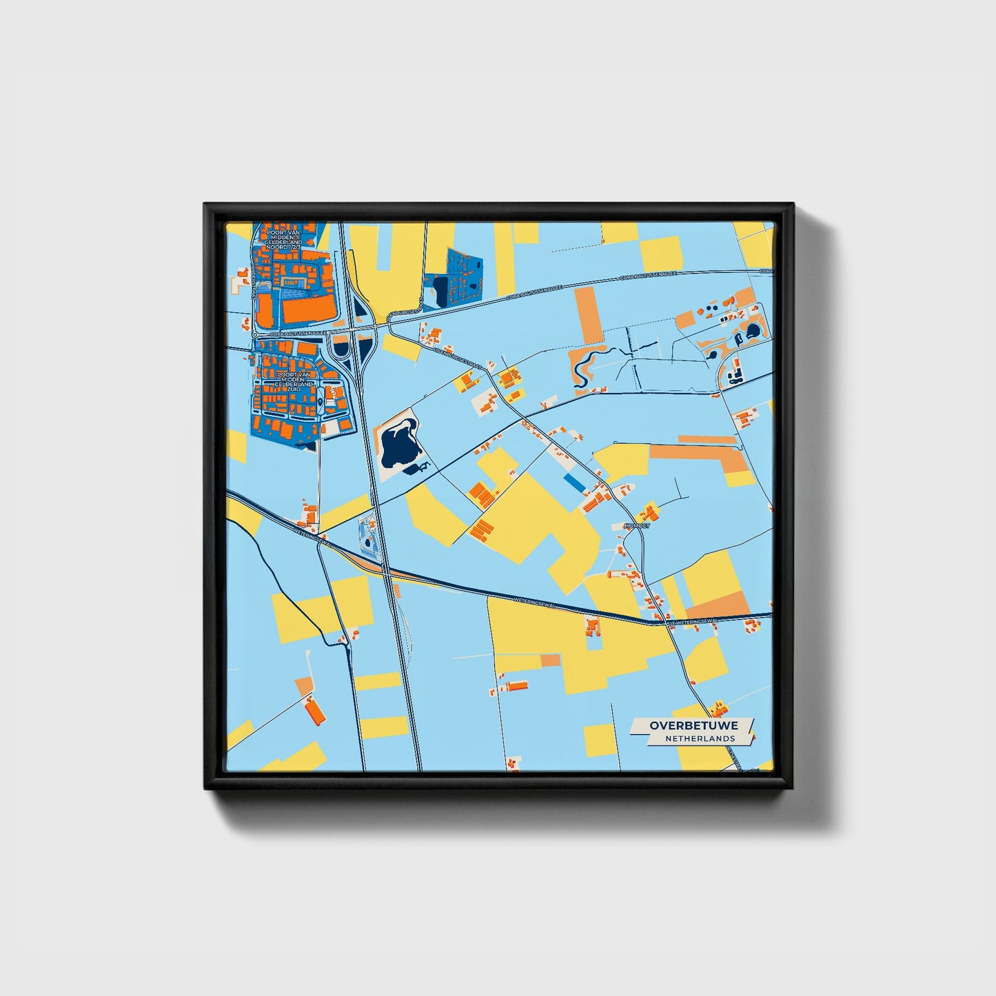 Overbetuwe Netherlands Colorful City Map Canvas Print • Black Framed