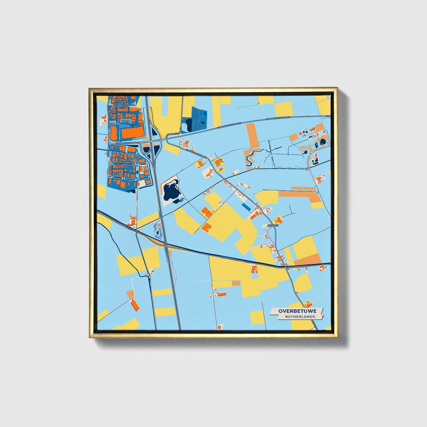 Overbetuwe Netherlands Colorful City Map Canvas Print • Gold Framed