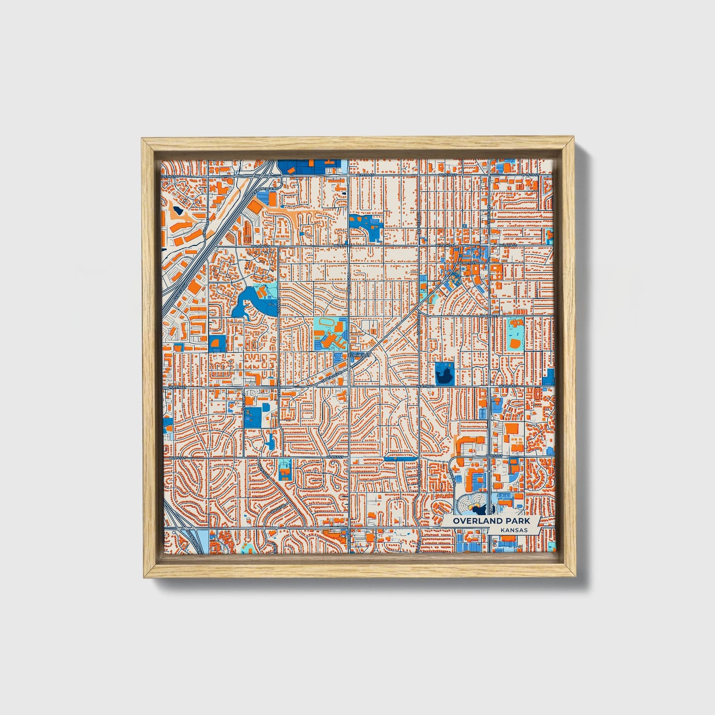 Overland Park Kansas Colorful City Map Canvas Print • Natural Wooden Framed