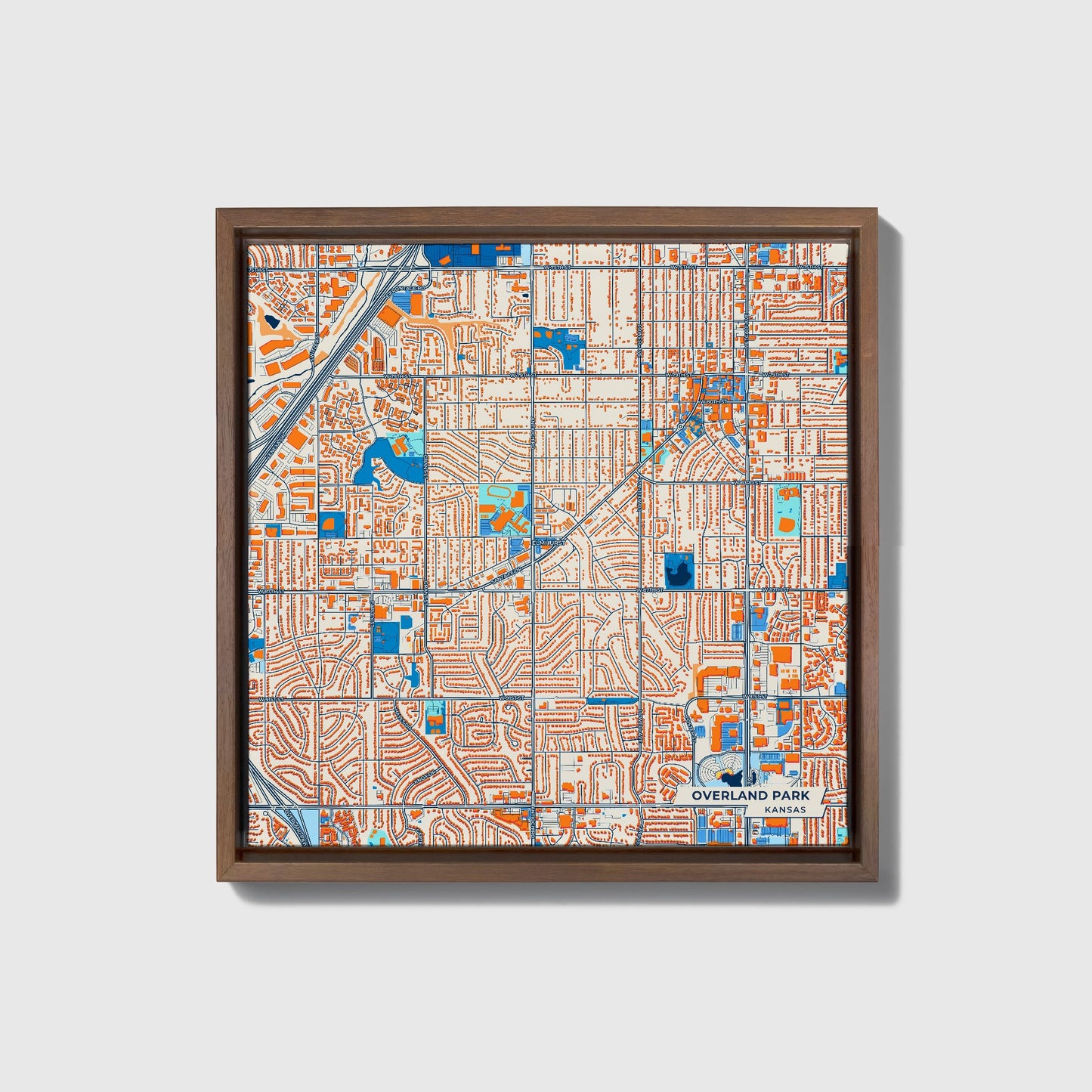 Overland Park Kansas Colorful City Map Canvas Print • Dark Wooden Framed