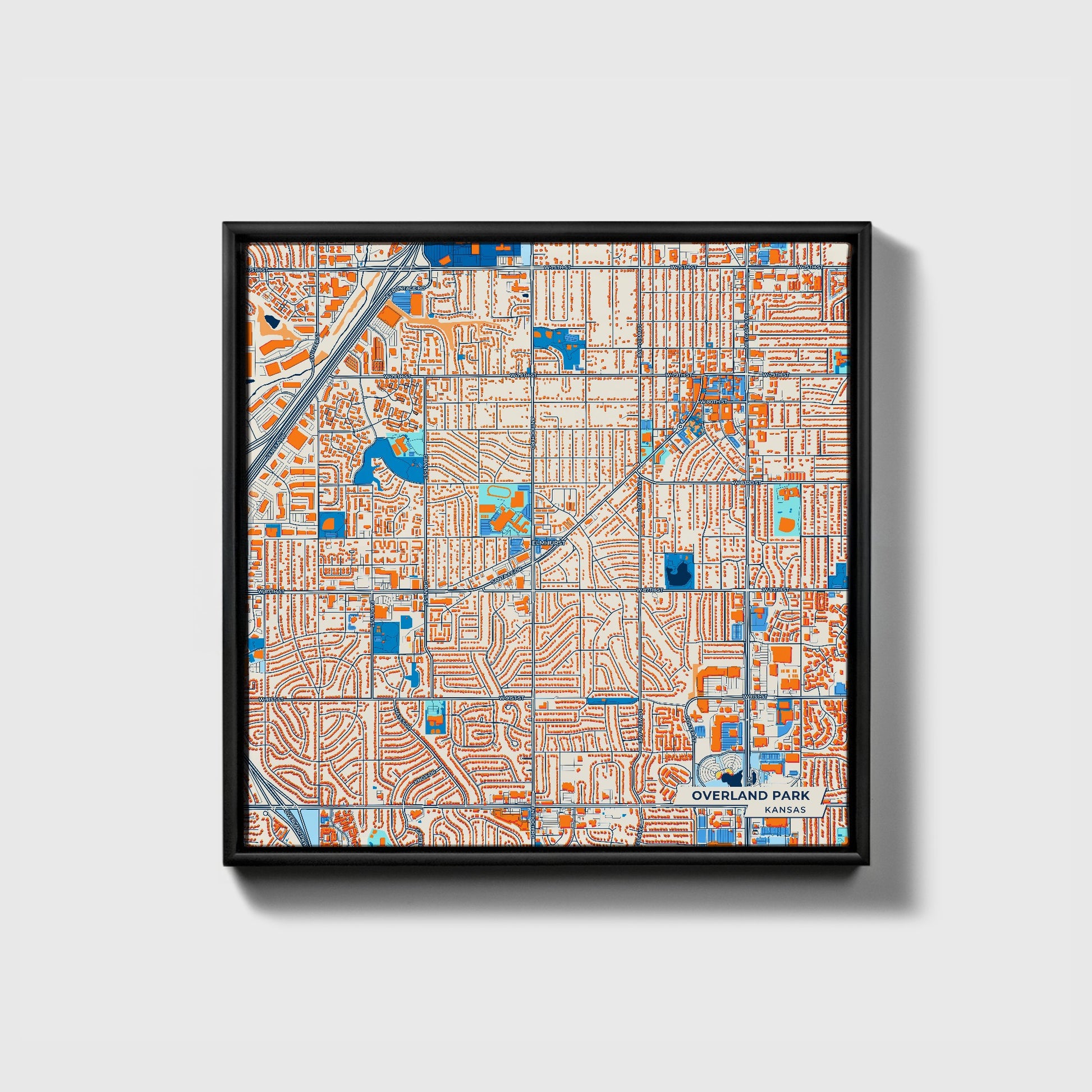 Overland Park Kansas Colorful City Map Canvas Print • Black Framed