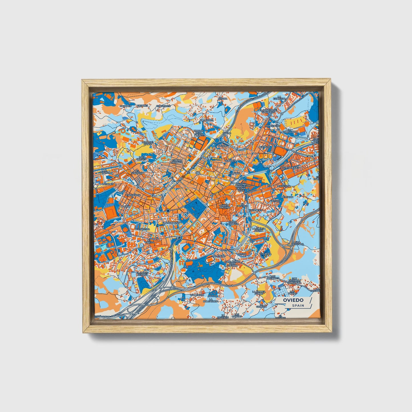 Oviedo Spain Colorful City Map Canvas Print • Natural Wooden Framed