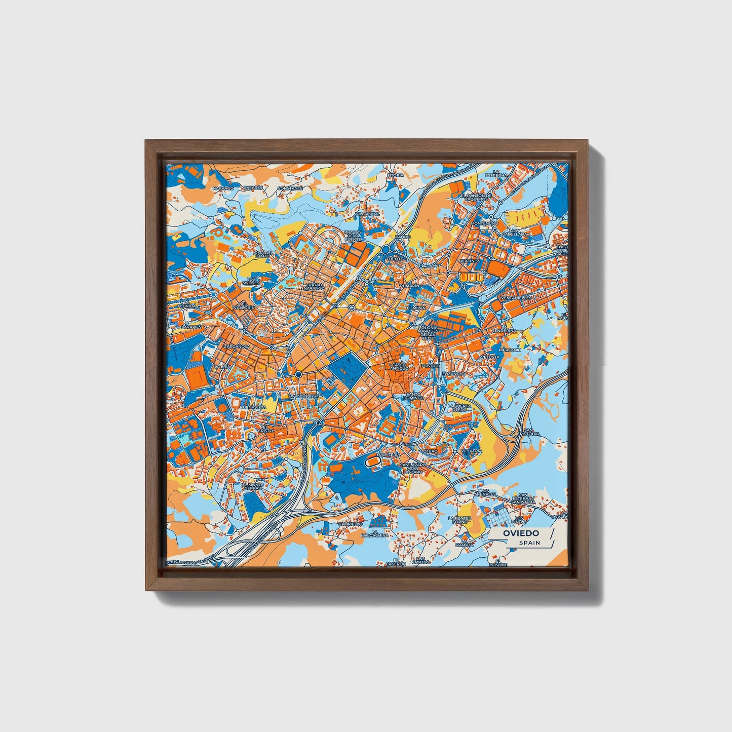 Oviedo Spain Colorful City Map Canvas Print • Dark Wooden Framed